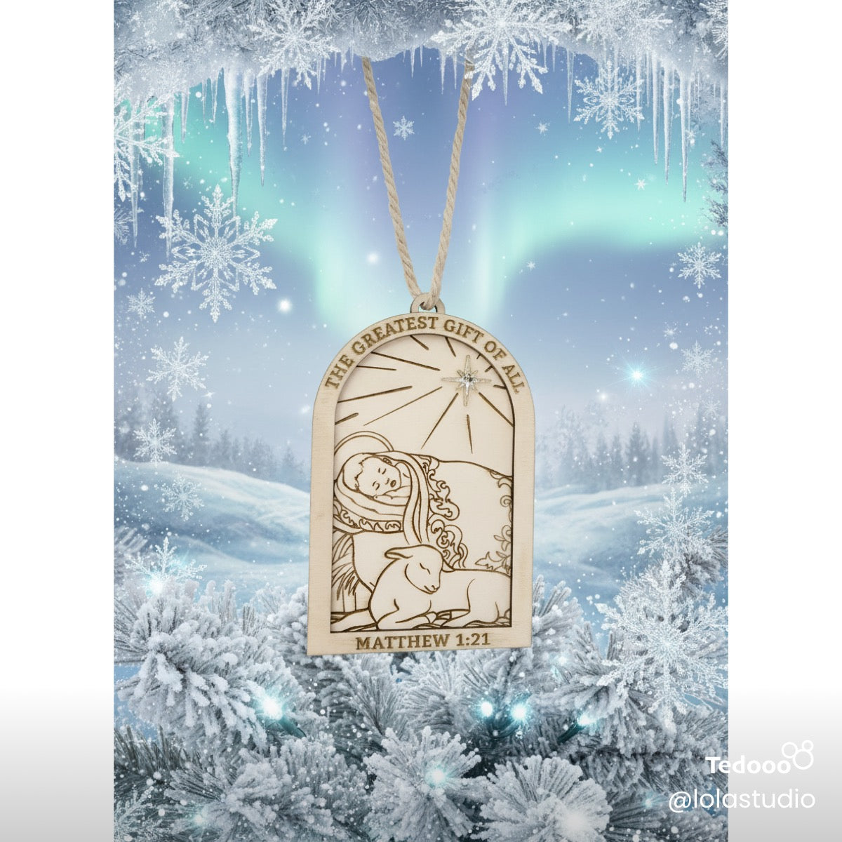 The Greatest Gift of All” Nativity Ornament – Laser Cut Wooden Christmas Keepsake with Story Card | Faith-Based Holiday Décor