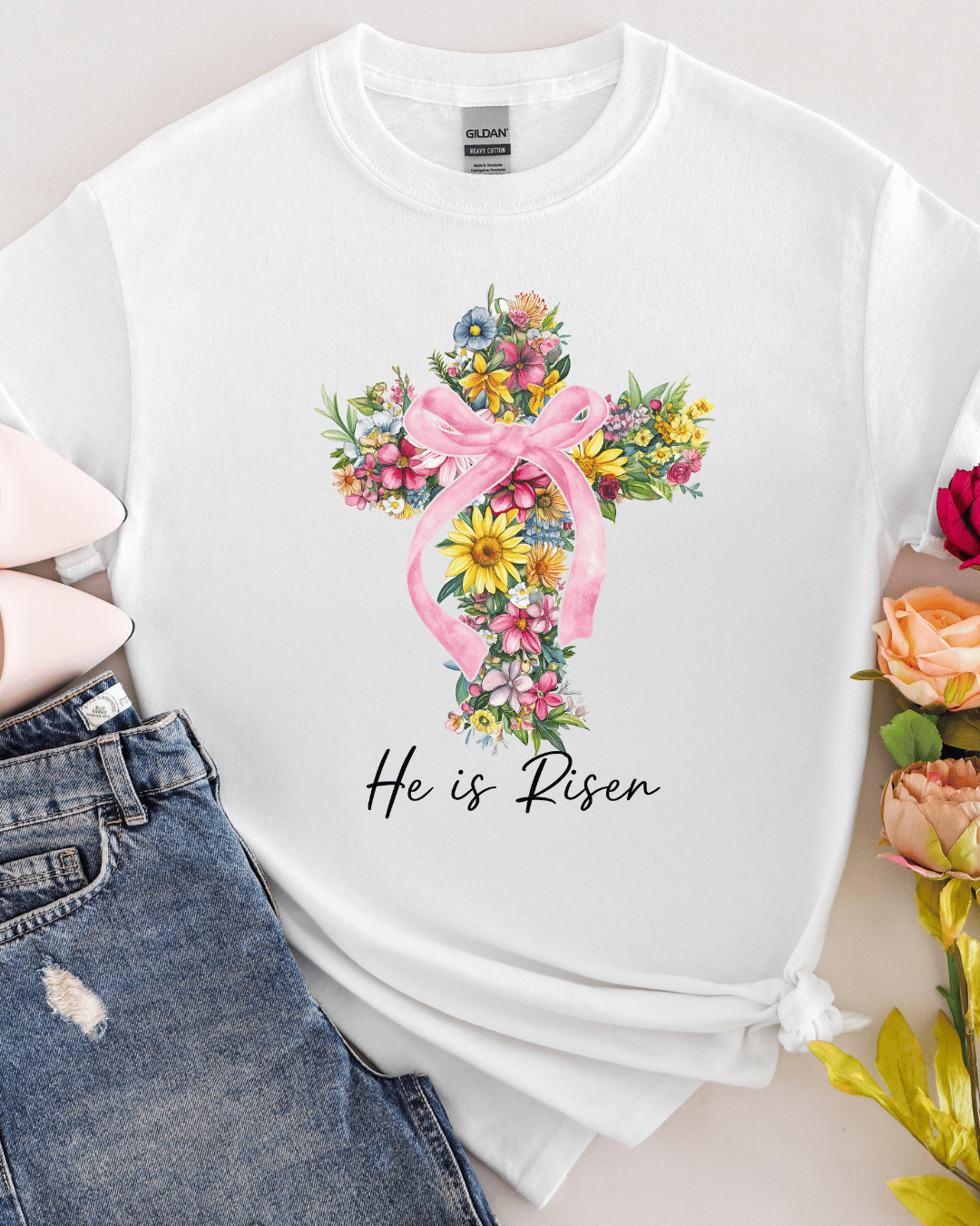DTF He Is Risen Spring Flower Cross