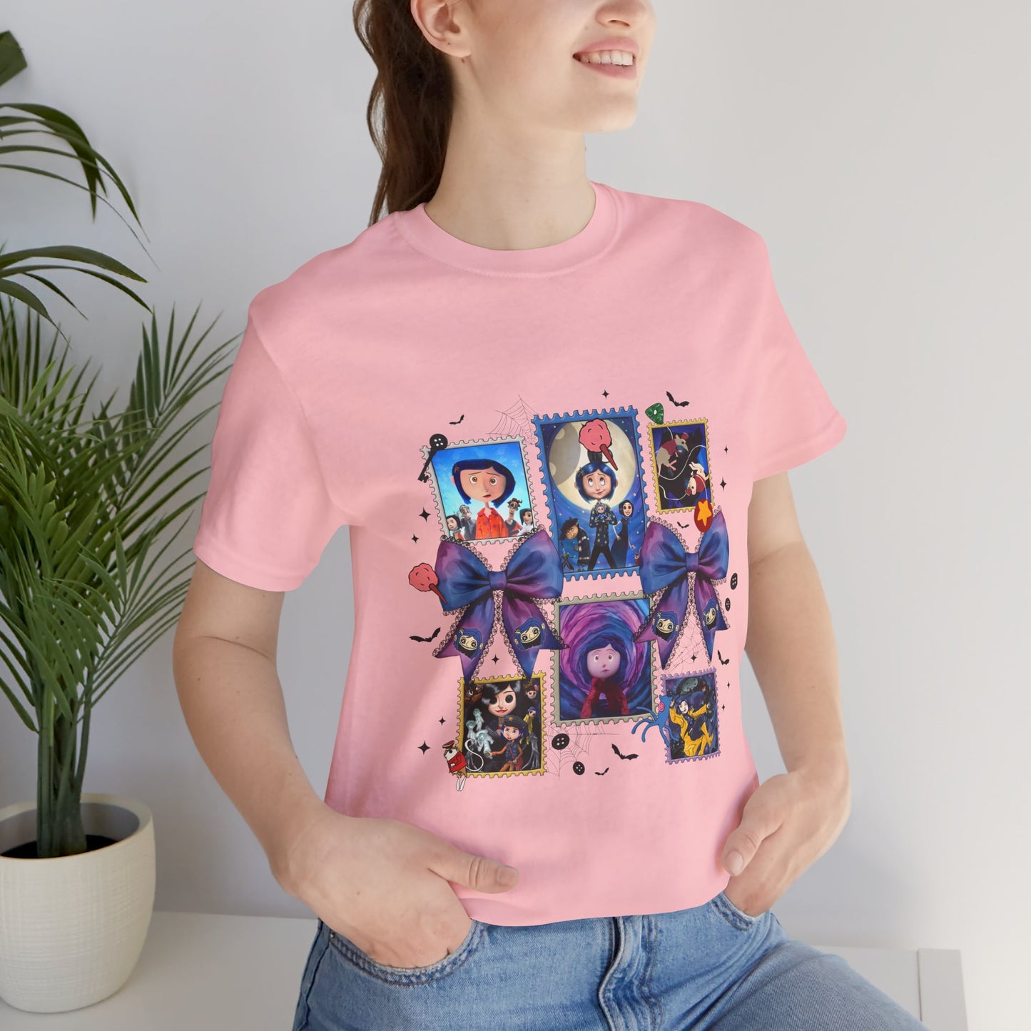 Coraline Halloween Blue Ribbon Button Witch Portraits T-Shirt | Cute Gothic Characters