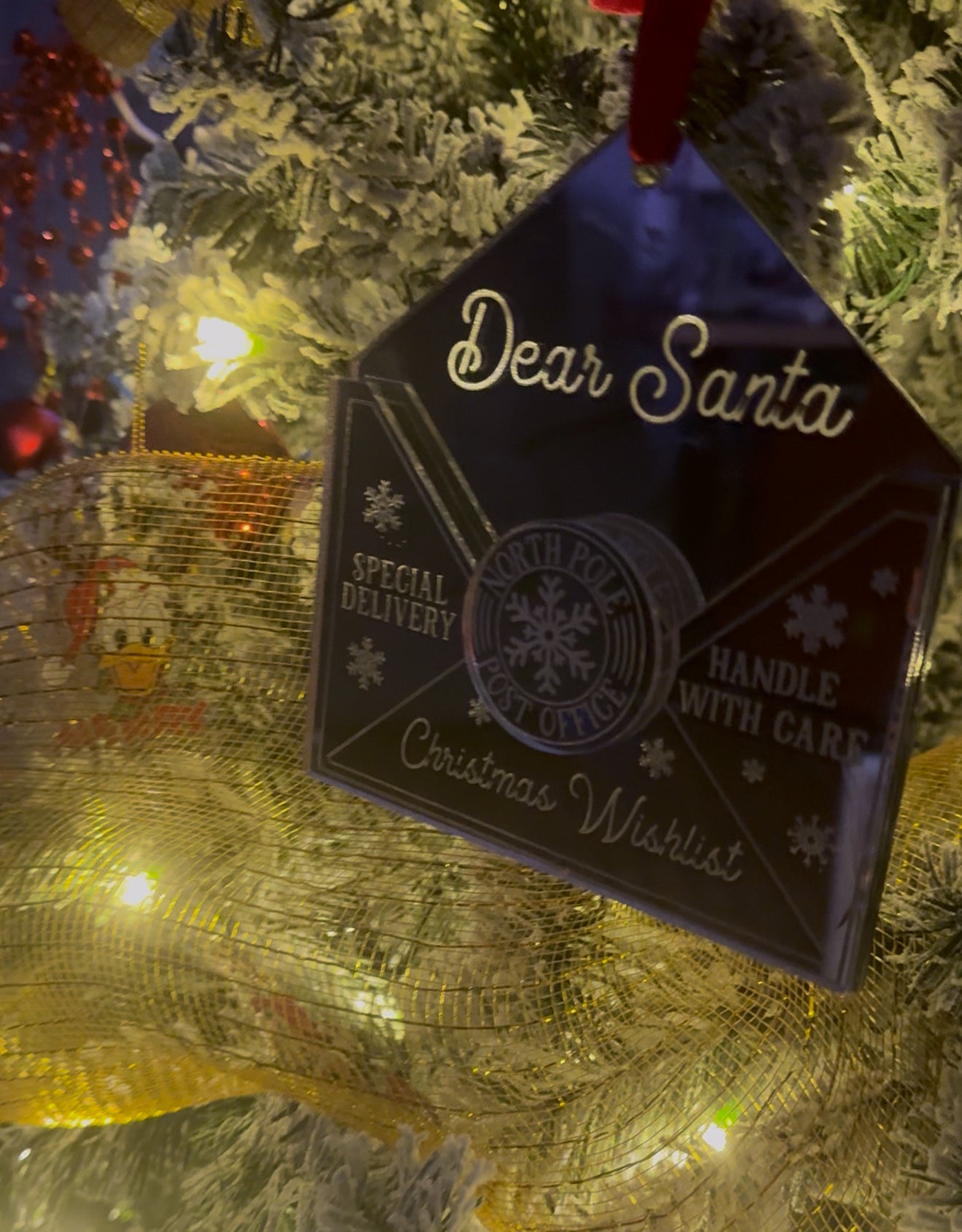 Letter to Santa Mirror Ornament | North Pole Mail Envelope Ornament | Handle With Care Christmas Keepsake | Laser Cut Mirror Ornament for Kids & Families