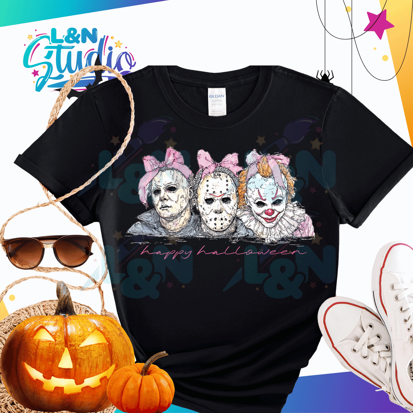 Happy Halloween Horror Icons T-Shirt- Cute Scary Movie Character's Graphic Tee, Pink Horror, Funny Spooky Season Shirt, Slasher Fan Gift