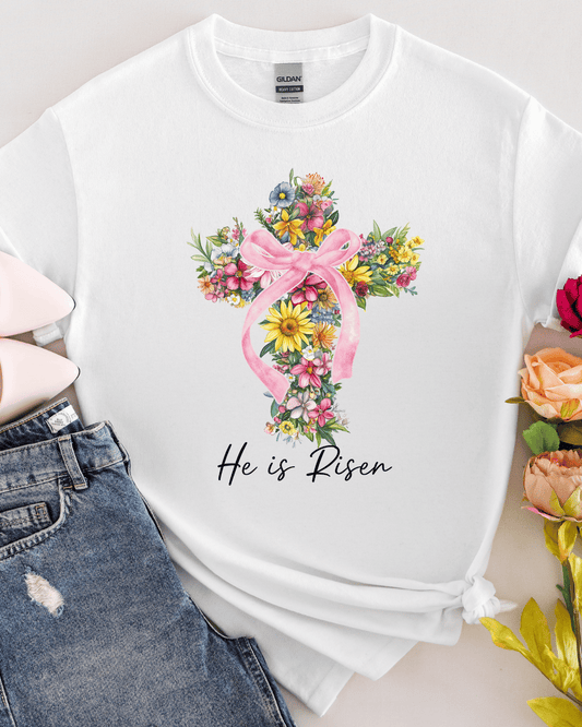 DTF He Is Risen Spring Flower Cross