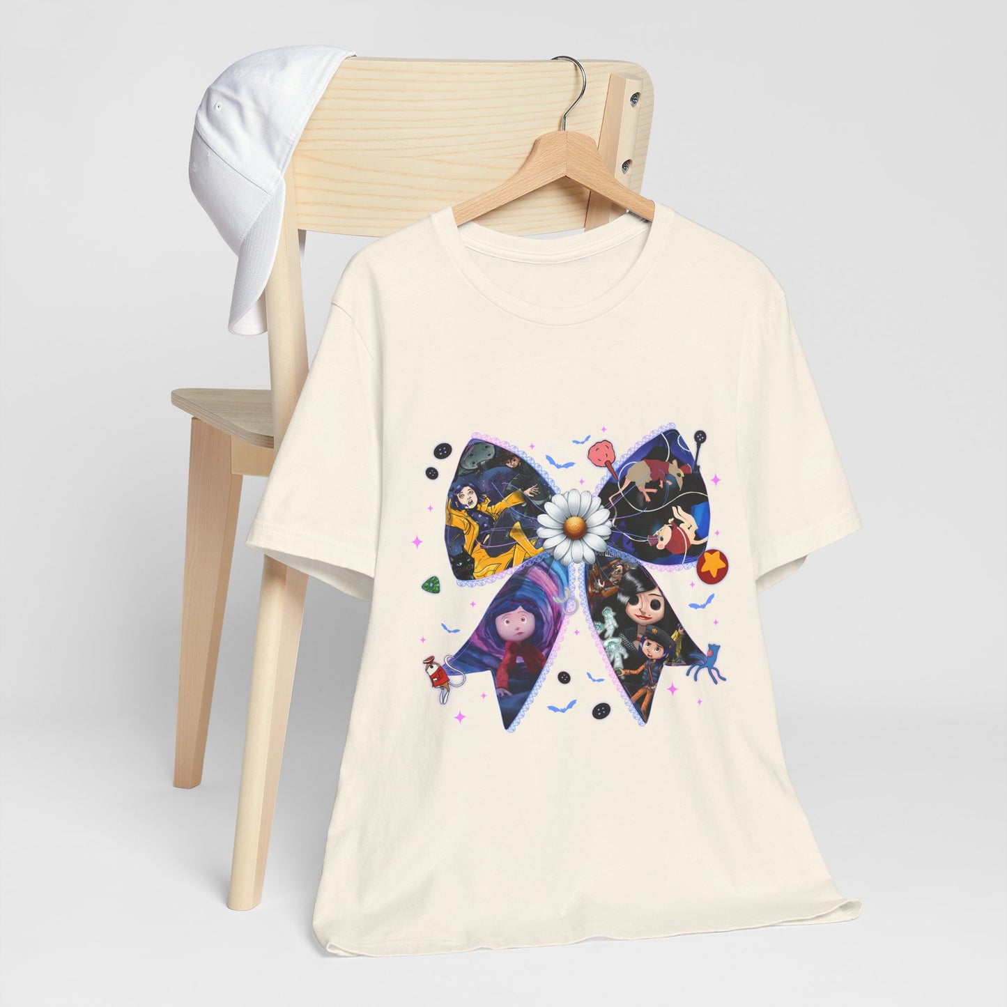 Coraline-Inspired Character Collage Bow Tee | Floral Daisy Graphic Shirt