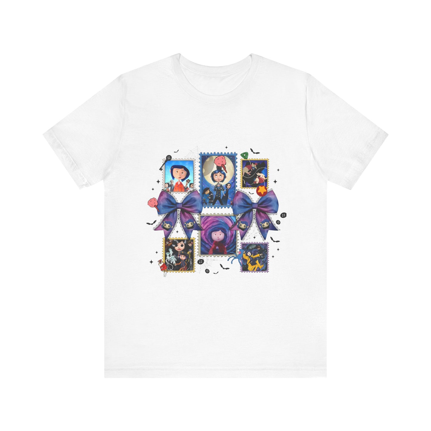 Coraline Halloween Blue Ribbon Button Witch Portraits T-Shirt | Cute Gothic Characters