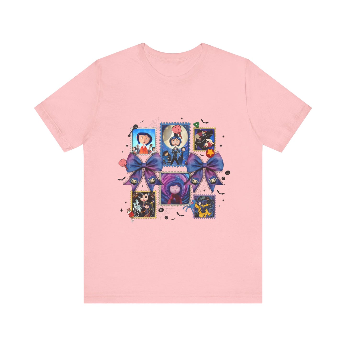 Coraline Halloween Blue Ribbon Button Witch Portraits T-Shirt | Cute Gothic Characters