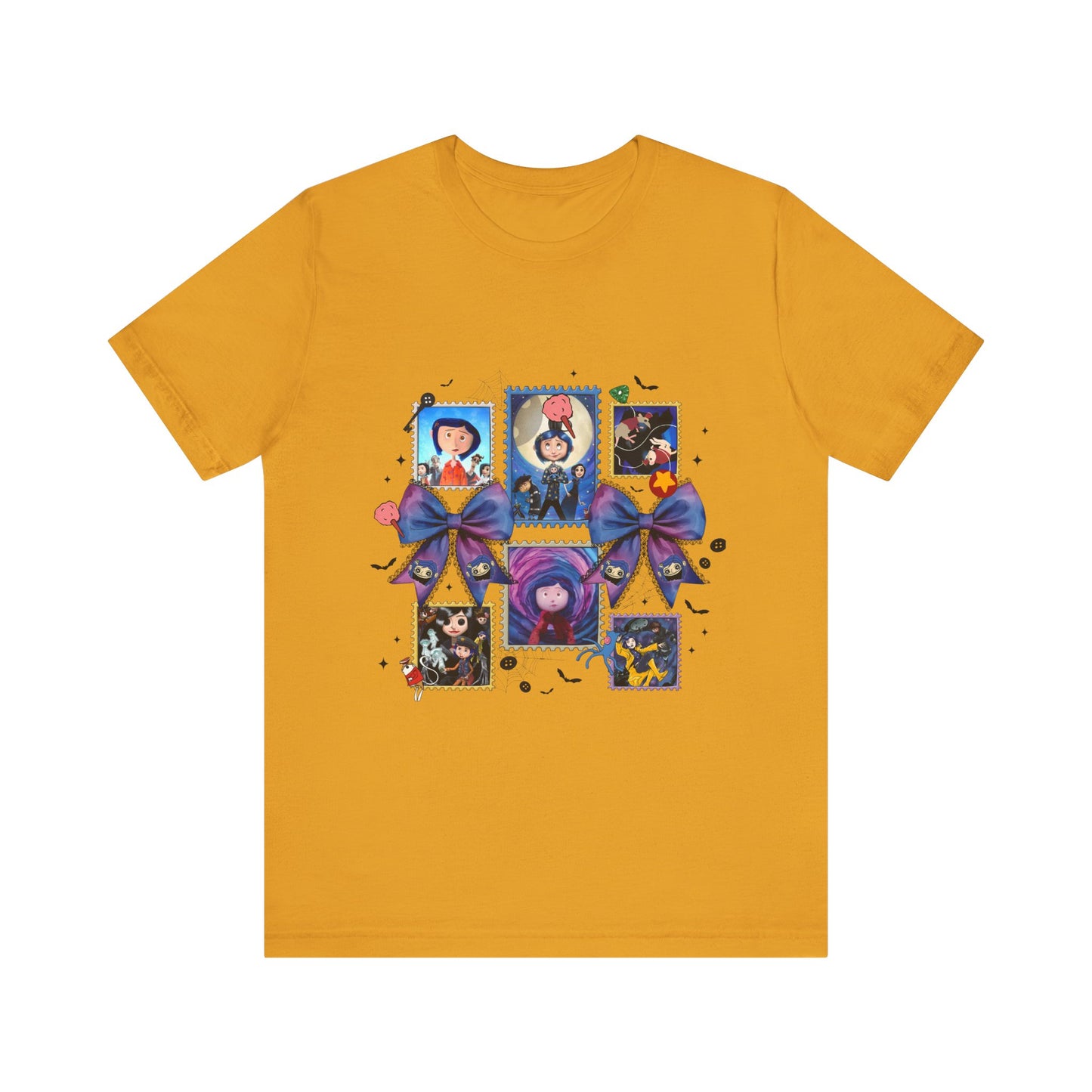 Coraline Halloween Blue Ribbon Button Witch Portraits T-Shirt | Cute Gothic Characters