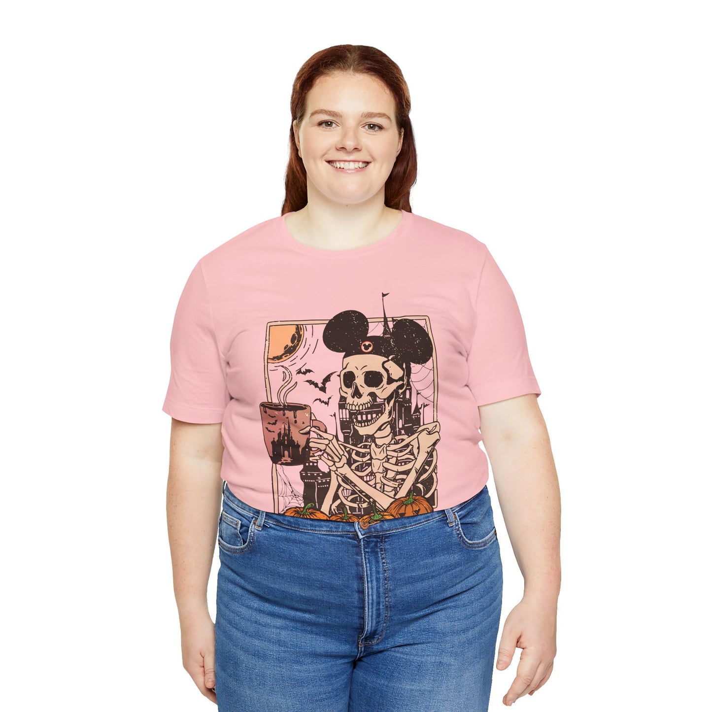 Skeleton in Mickey Ears Halloween Tee | Pumpkin Skull Graphic Shirt Fall Season Coffe