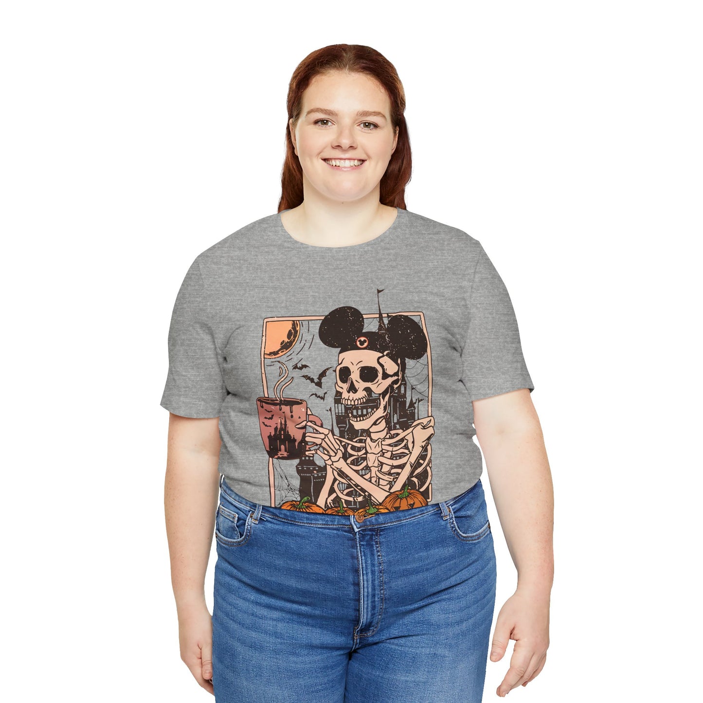Skeleton in Mickey Ears Halloween Tee | Pumpkin Skull Graphic Shirt Fall Season Coffe