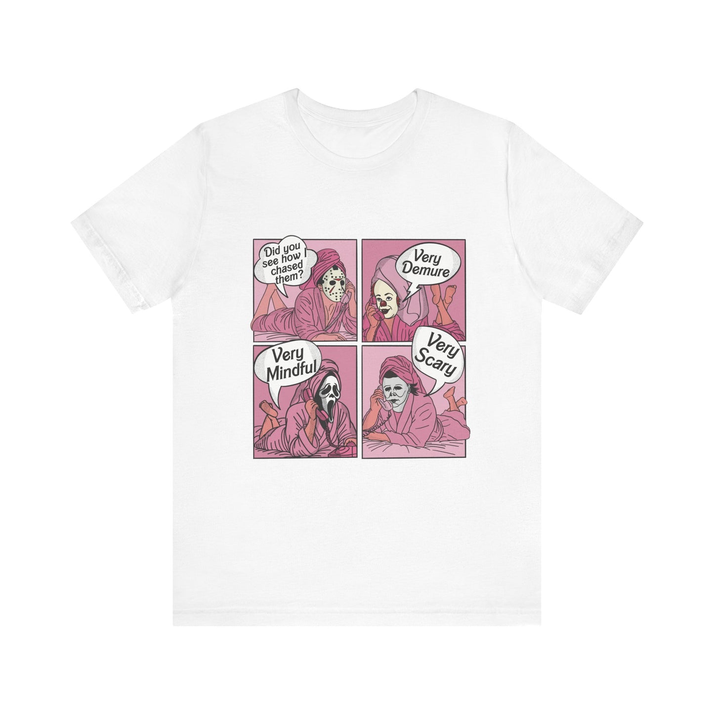 Very Demure Comic Panel Tee Skeleton Woman Illustration T-Shirt | Halloween Gothic Pink Comic Scary Halloween Clown
