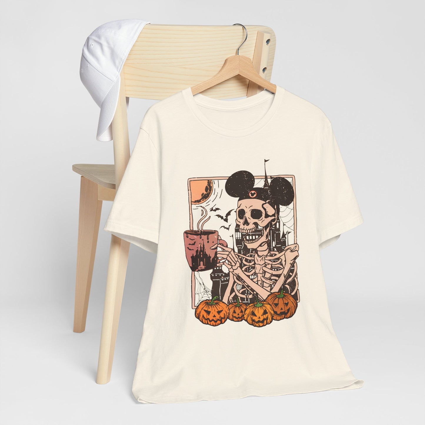 Skeleton in Mickey Ears Halloween Tee | Pumpkin Skull Graphic Shirt Fall Season Coffe