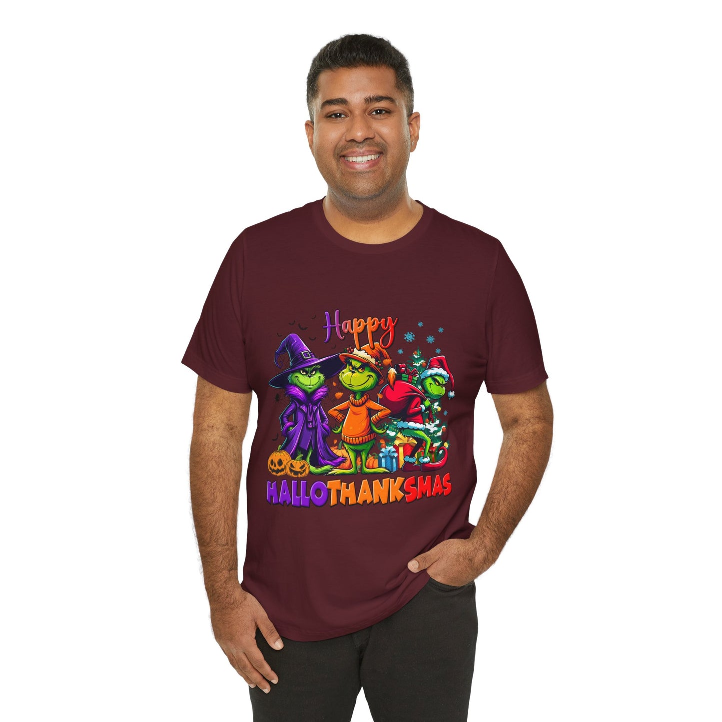 Happy HalloThanksmas Tee | Grinch-style Characters, Halloween Thanksgiving Christmas Mashup