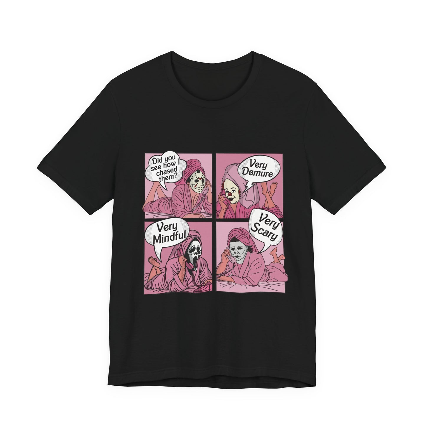 Very Demure Comic Panel Tee Skeleton Woman Illustration T-Shirt | Halloween Gothic Pink Comic Scary Halloween Clown