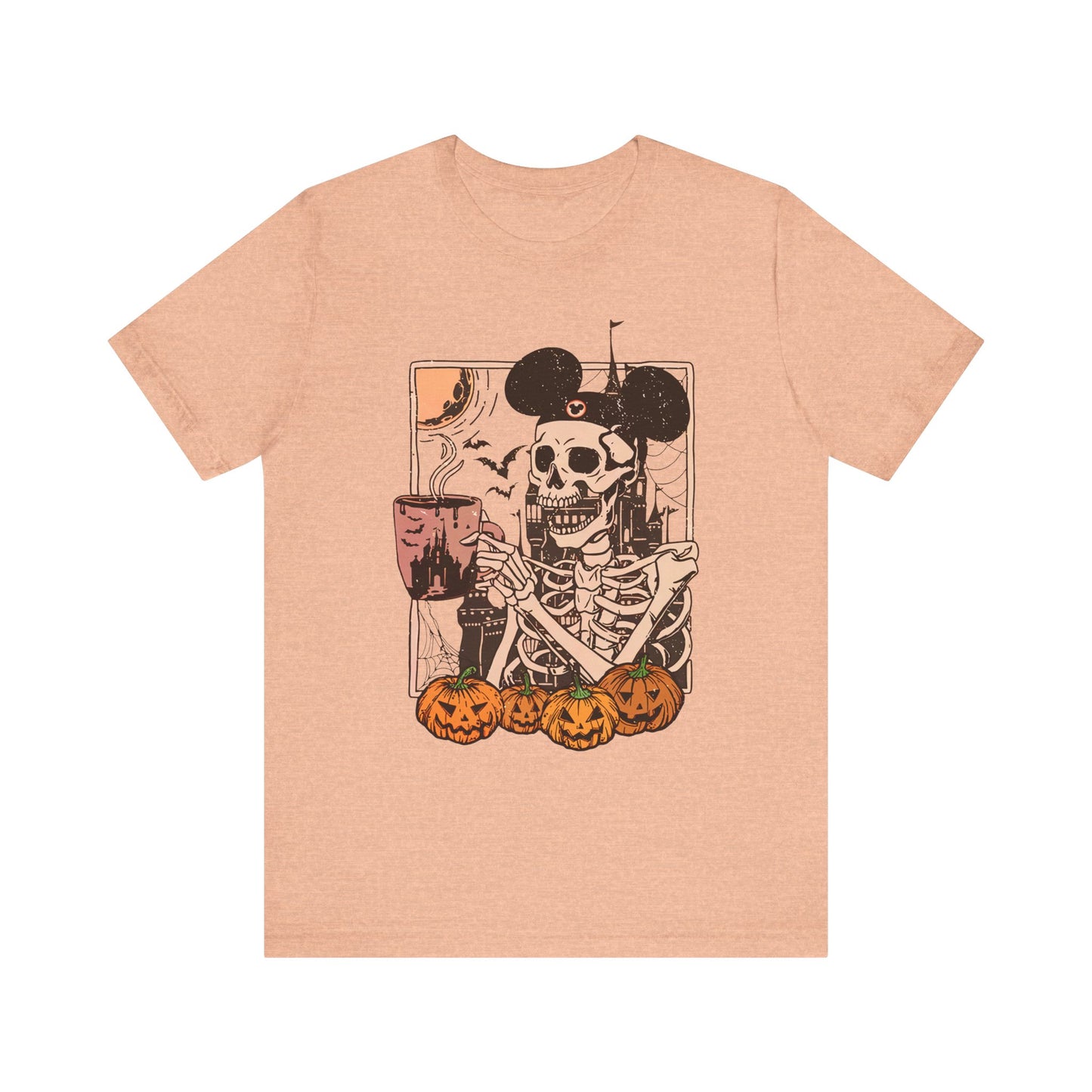 Skeleton in Mickey Ears Halloween Tee | Pumpkin Skull Graphic Shirt Fall Season Coffe