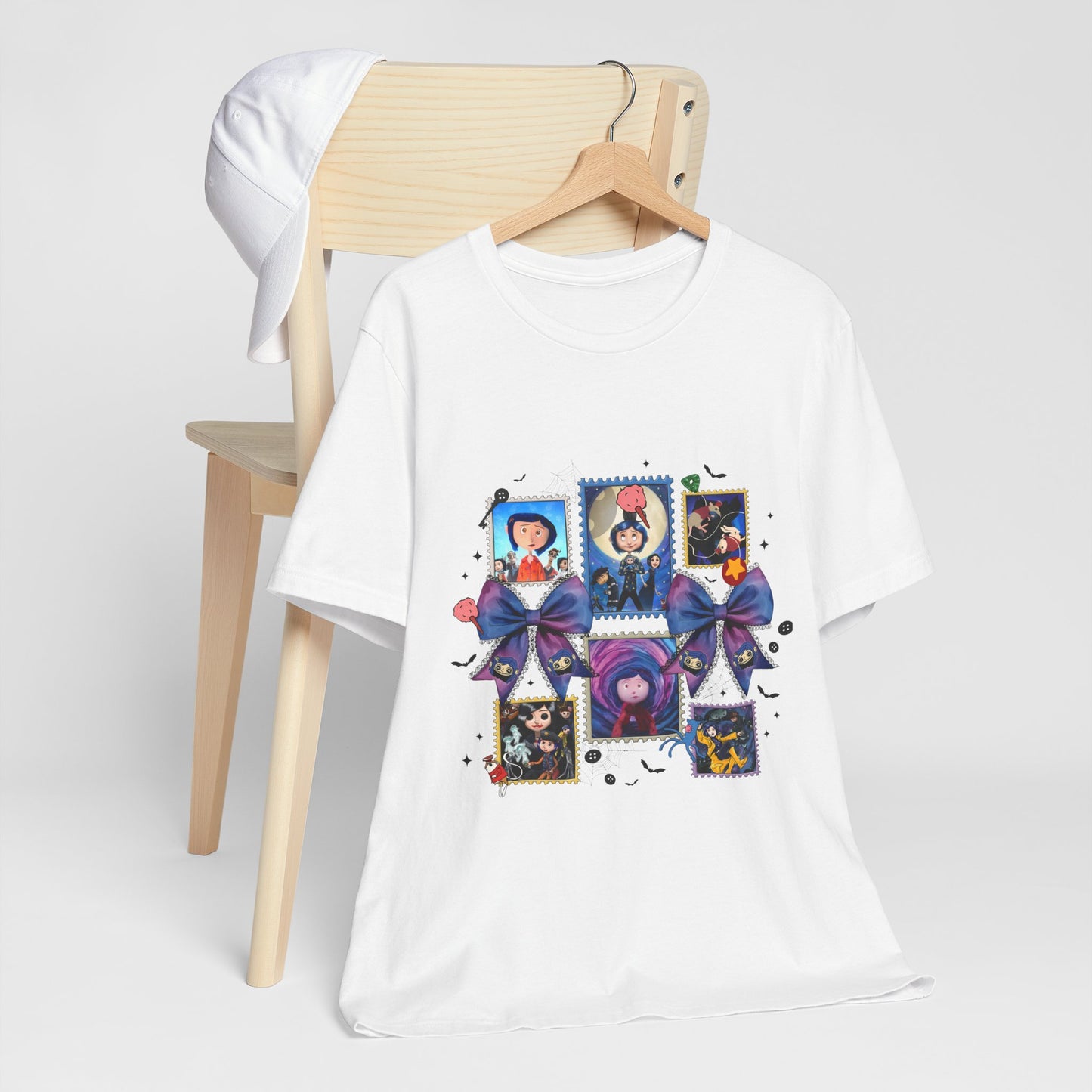 Coraline Halloween Blue Ribbon Button Witch Portraits T-Shirt | Cute Gothic Characters