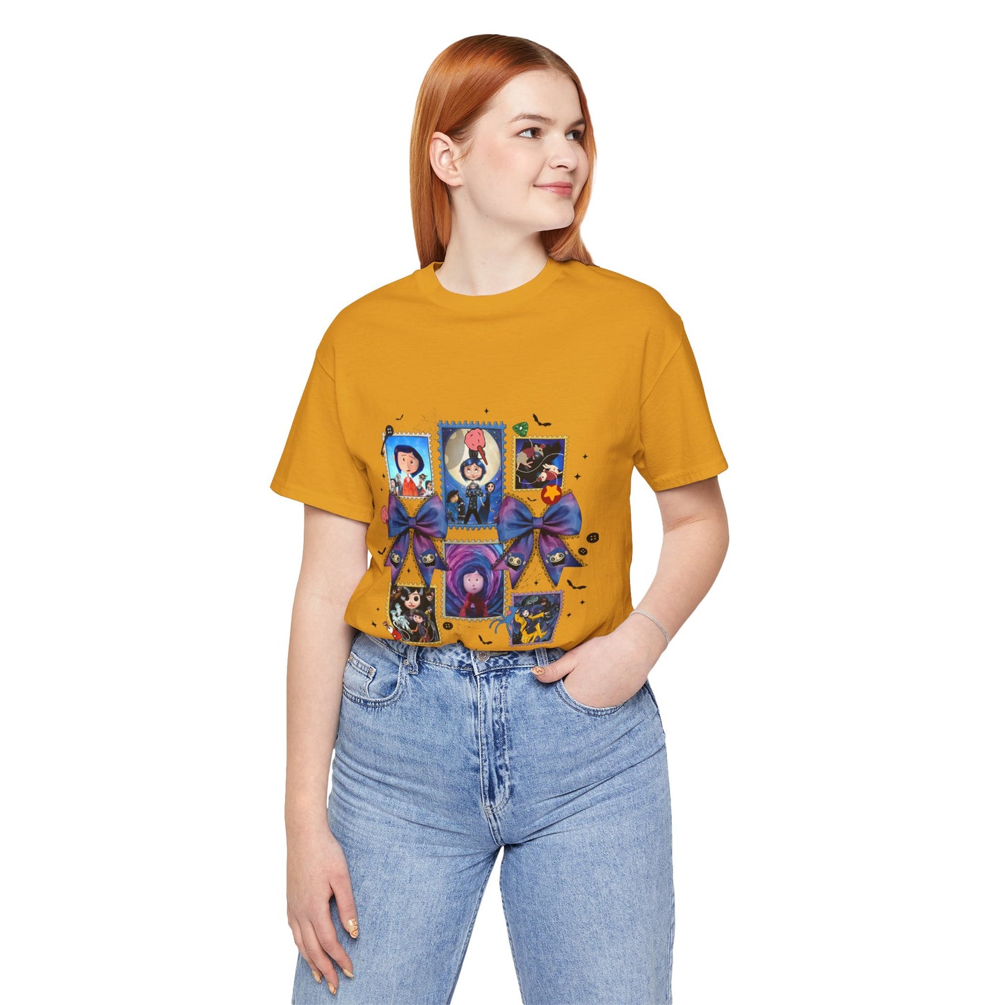 Coraline Halloween Blue Ribbon Button Witch Portraits T-Shirt | Cute Gothic Characters