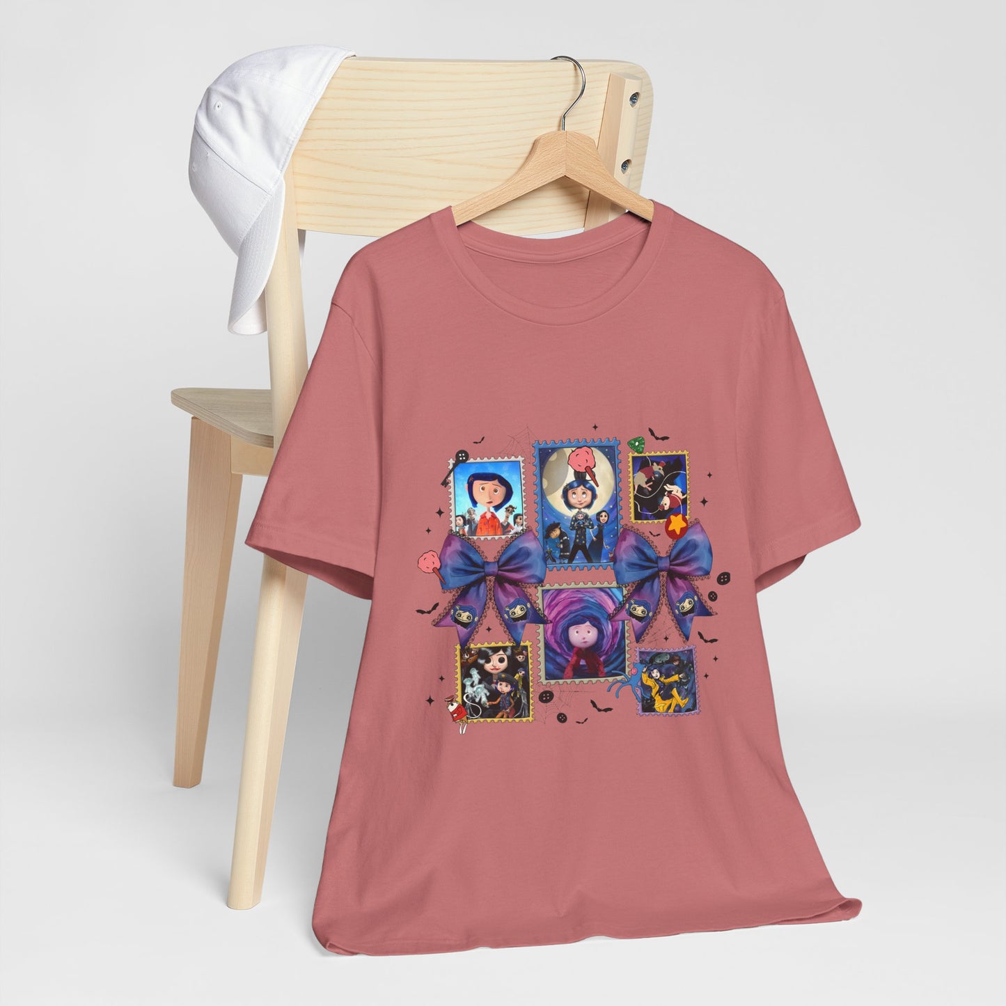 Coraline Halloween Blue Ribbon Button Witch Portraits T-Shirt | Cute Gothic Characters
