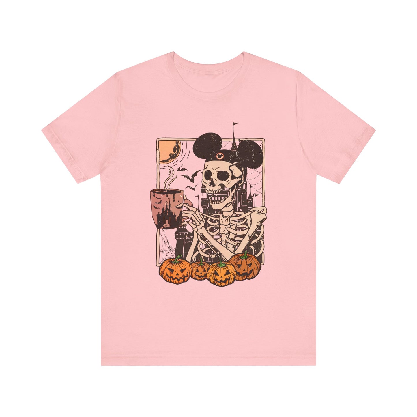 Skeleton in Mickey Ears Halloween Tee | Pumpkin Skull Graphic Shirt Fall Season Coffe
