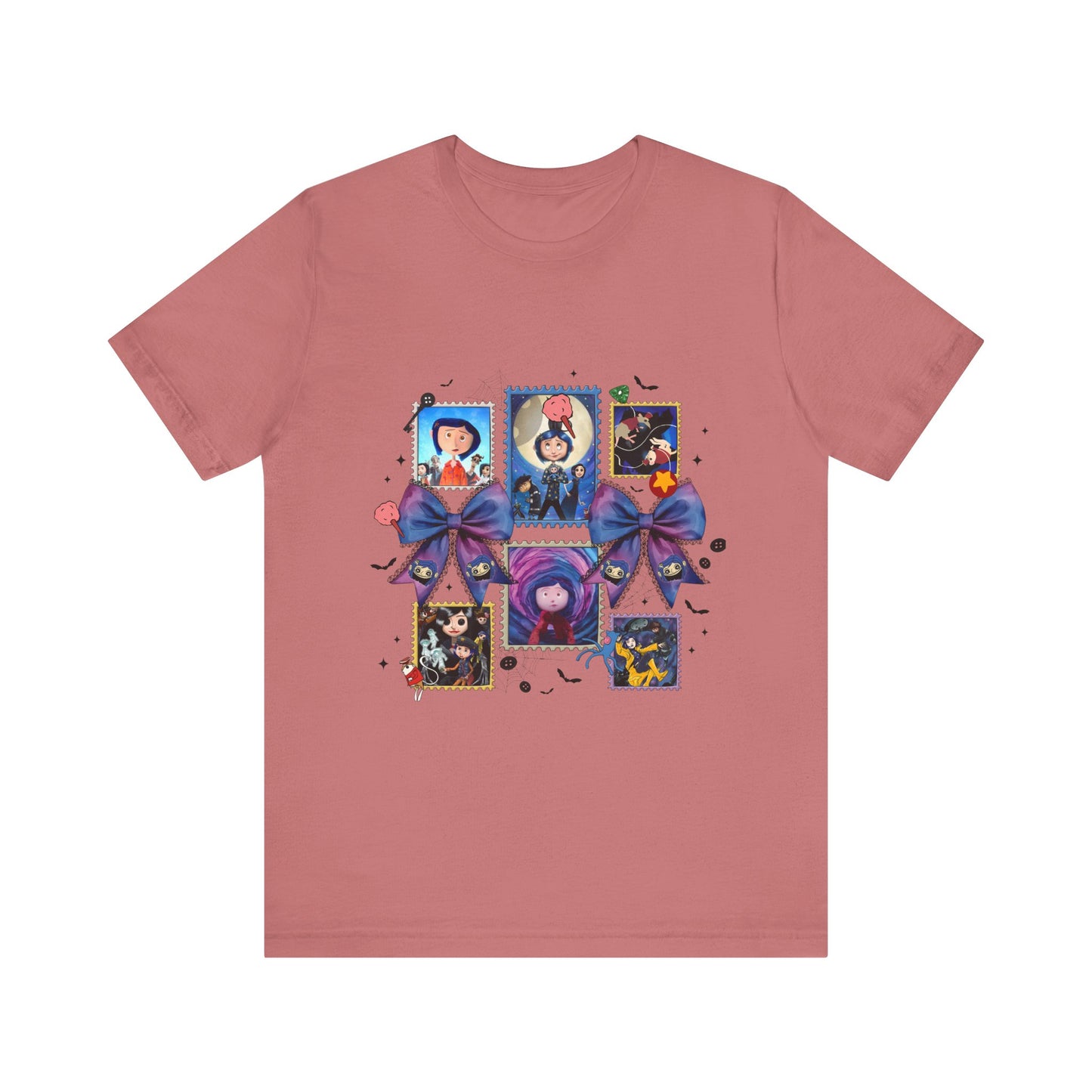 Coraline Halloween Blue Ribbon Button Witch Portraits T-Shirt | Cute Gothic Characters