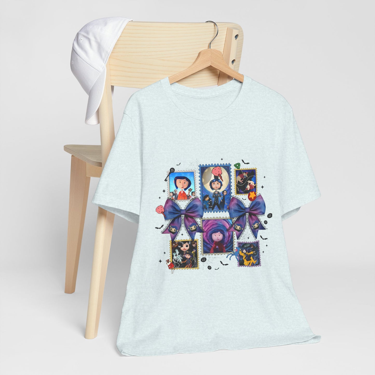 Coraline Halloween Blue Ribbon Button Witch Portraits T-Shirt | Cute Gothic Characters