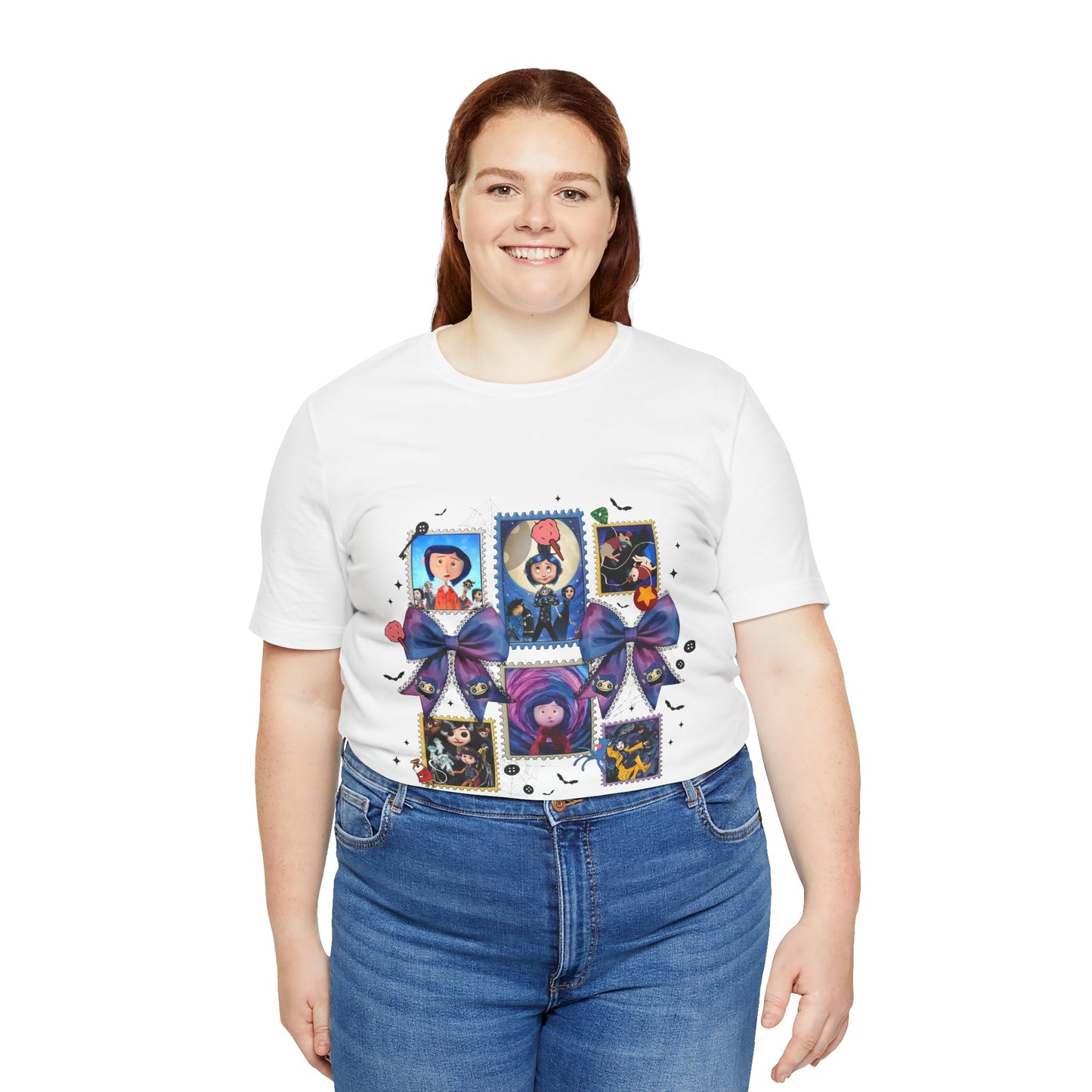 Coraline Halloween Blue Ribbon Button Witch Portraits T-Shirt | Cute Gothic Characters