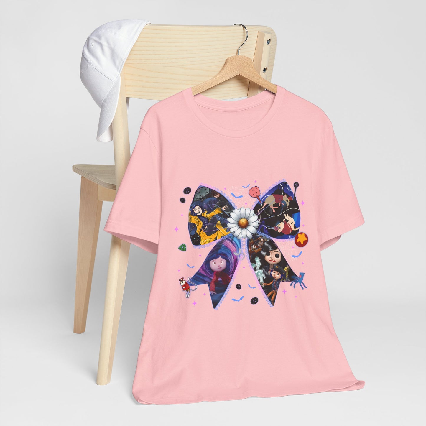 Coraline-Inspired Character Collage Bow Tee | Floral Daisy Graphic Shirt