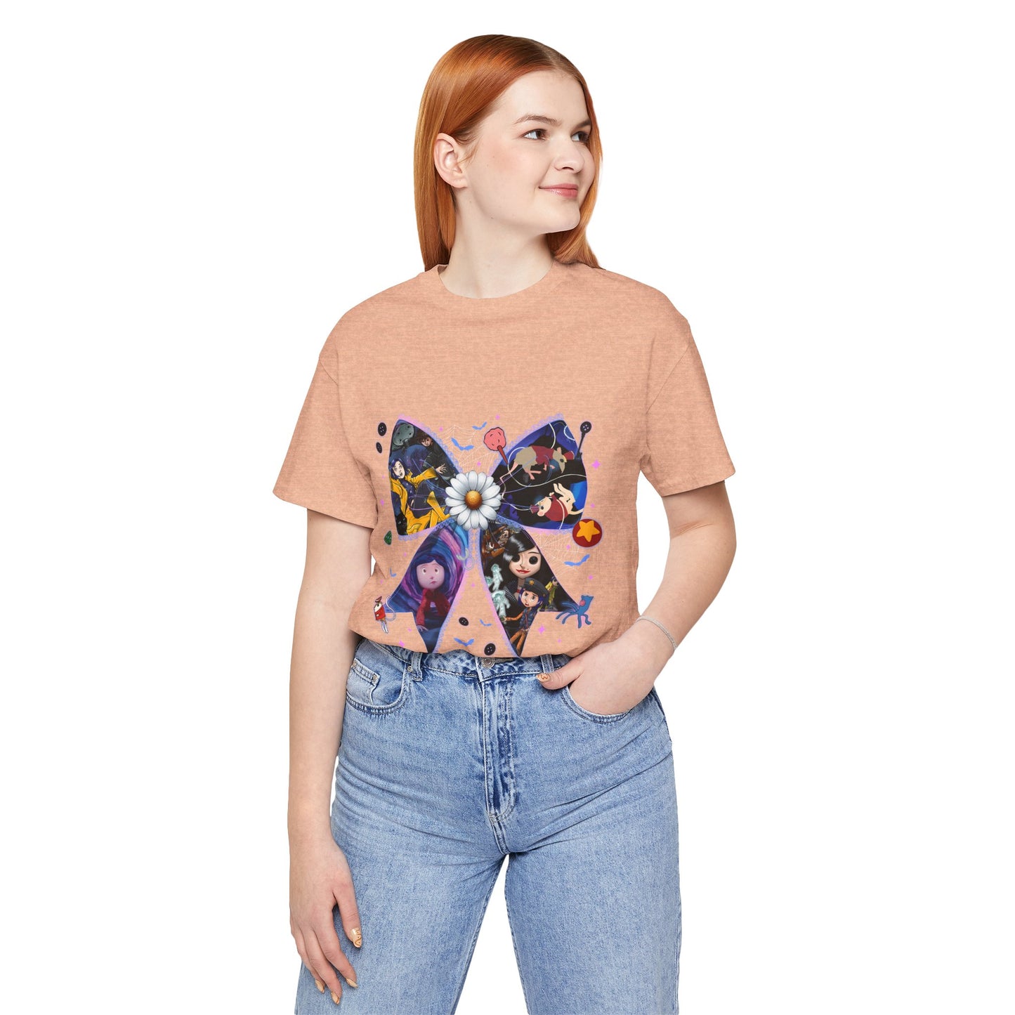 Coraline-Inspired Character Collage Bow Tee | Floral Daisy Graphic Shirt