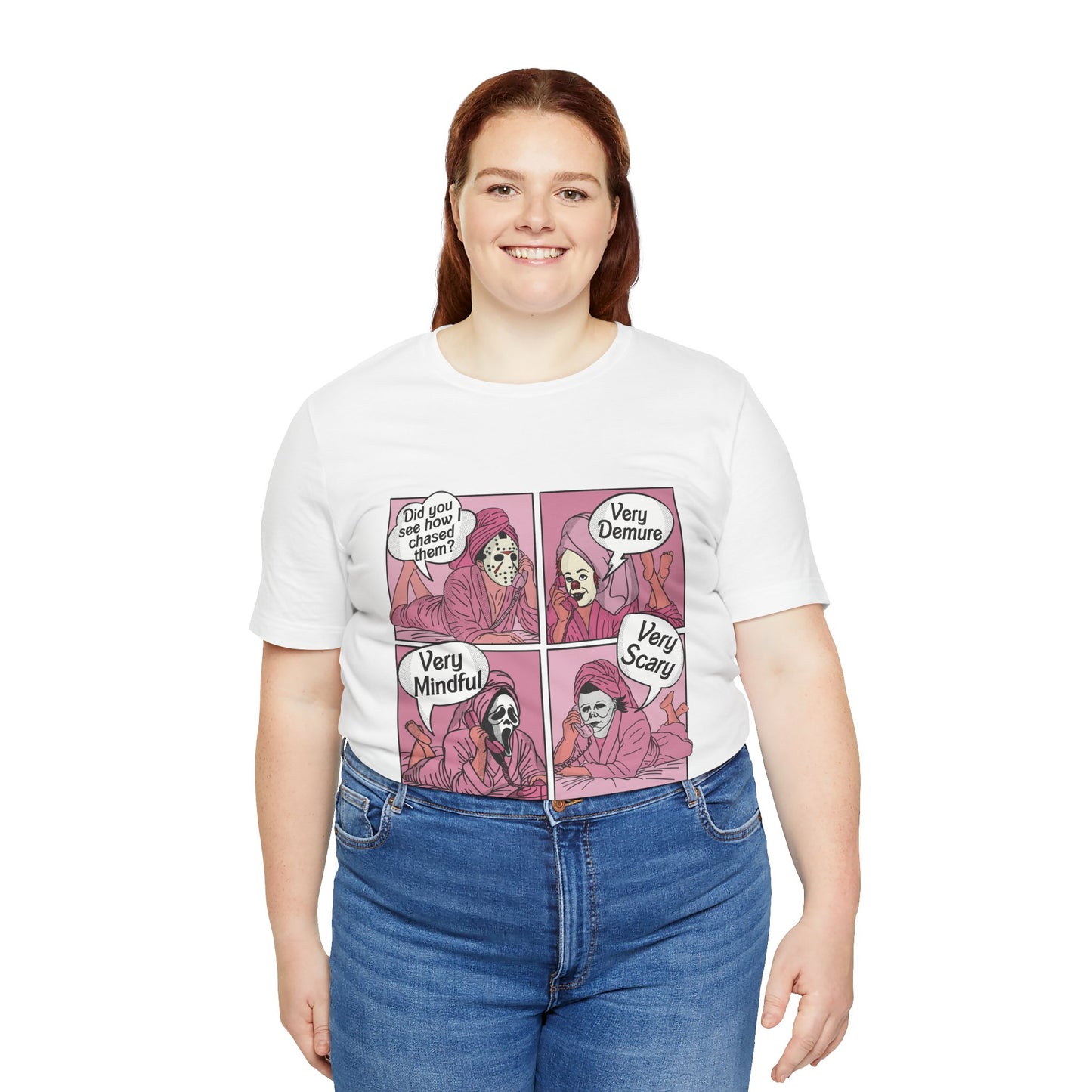 Very Demure Comic Panel Tee Skeleton Woman Illustration T-Shirt | Halloween Gothic Pink Comic Scary Halloween Clown