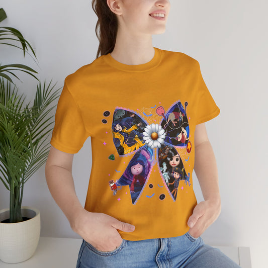 Coraline-Inspired Character Collage Bow Tee | Floral Daisy Graphic Shirt