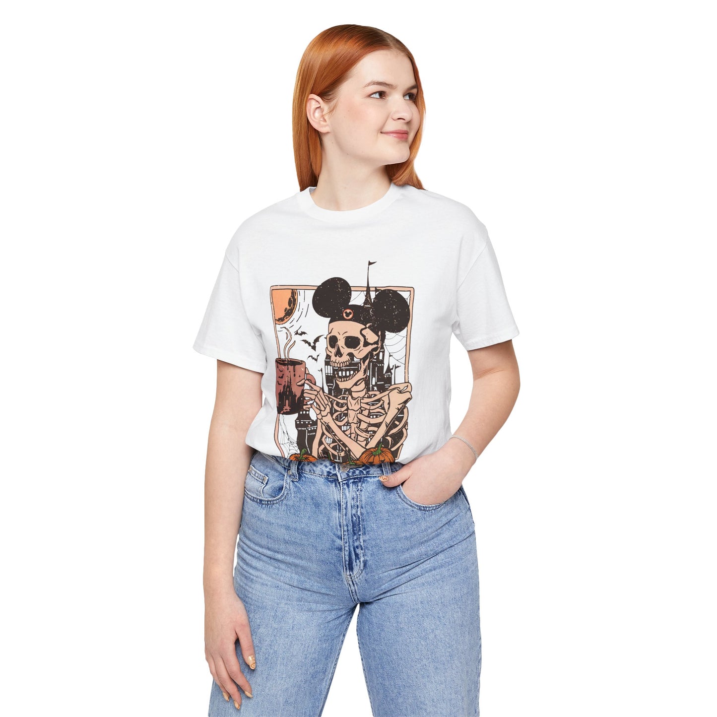Skeleton in Mickey Ears Halloween Tee | Pumpkin Skull Graphic Shirt Fall Season Coffe