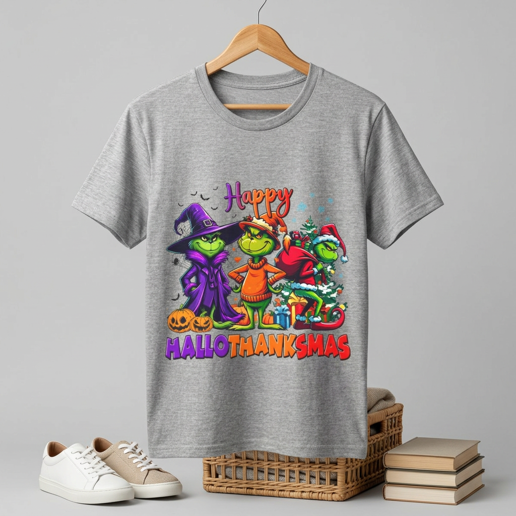 Happy HalloThanksmas Tee | Grinch-style Characters, Halloween Thanksgiving Christmas Mashup