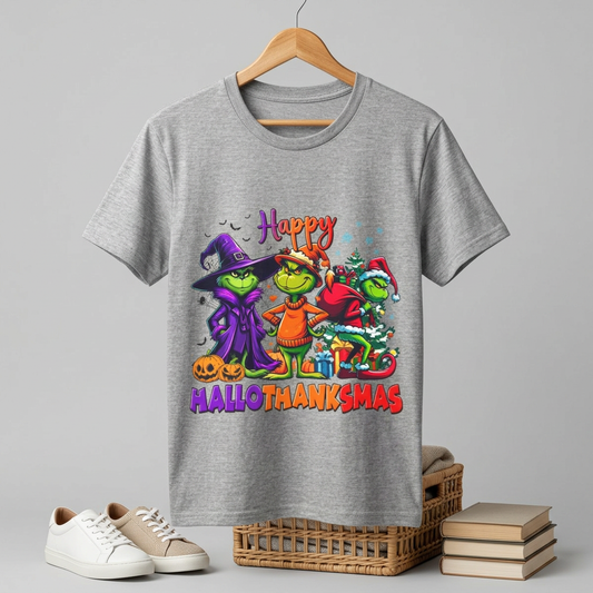 Happy HalloThanksmas Tee | Grinch-style Characters, Halloween Thanksgiving Christmas Mashup