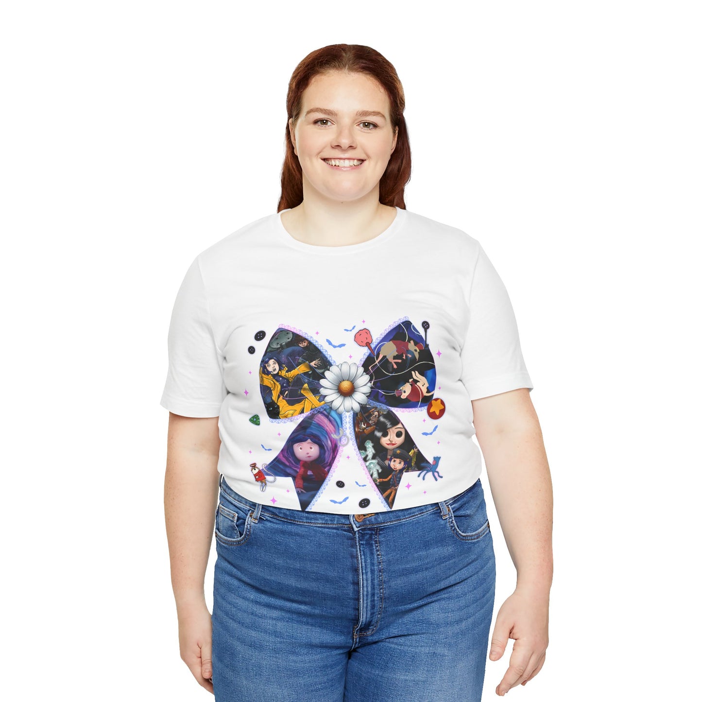 Coraline-Inspired Character Collage Bow Tee | Floral Daisy Graphic Shirt