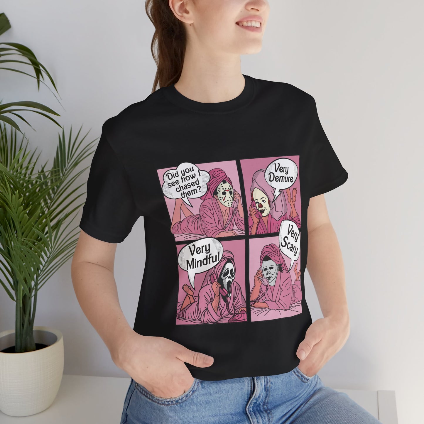 Very Demure Comic Panel Tee Skeleton Woman Illustration T-Shirt | Halloween Gothic Pink Comic Scary Halloween Clown