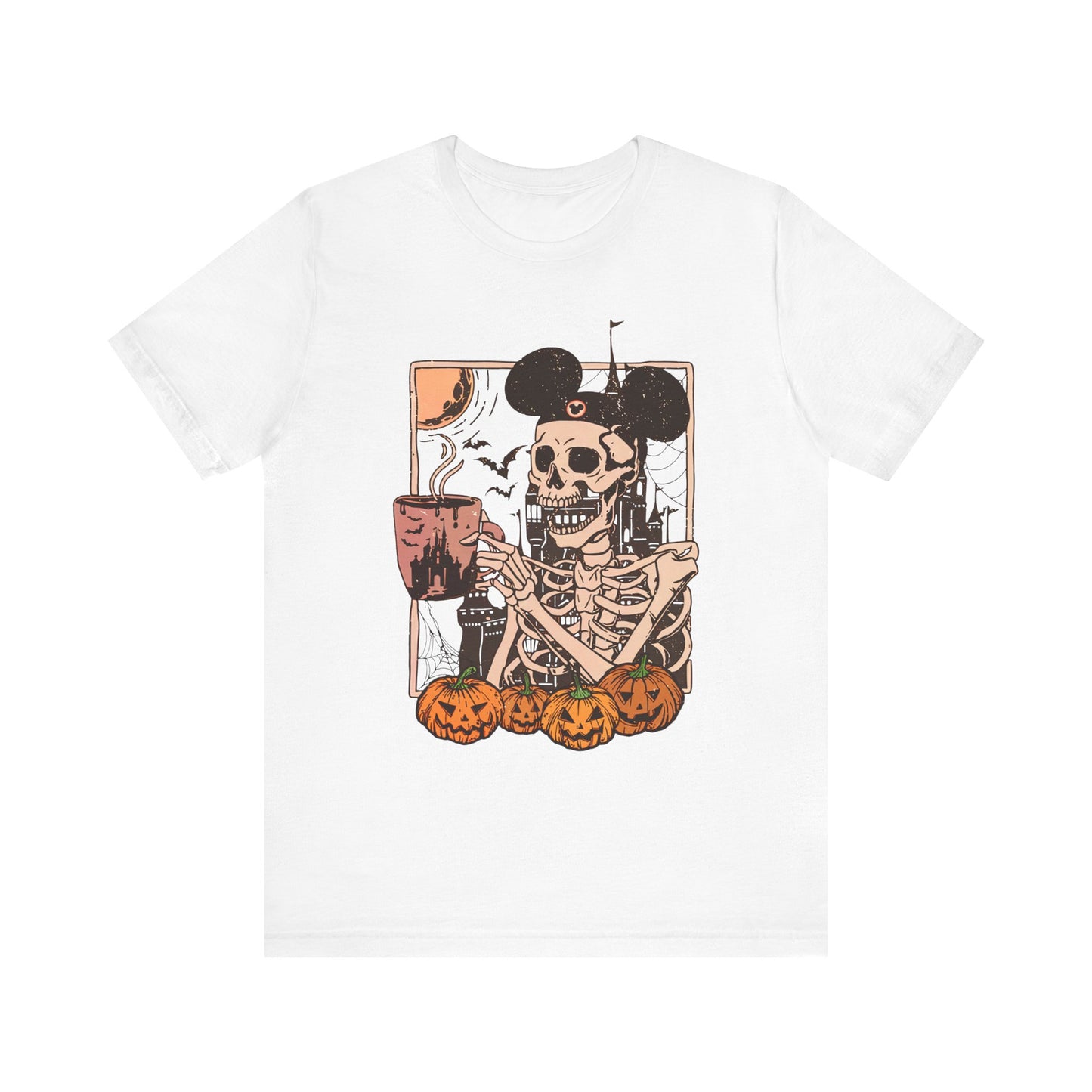 Skeleton in Mickey Ears Halloween Tee | Pumpkin Skull Graphic Shirt Fall Season Coffe