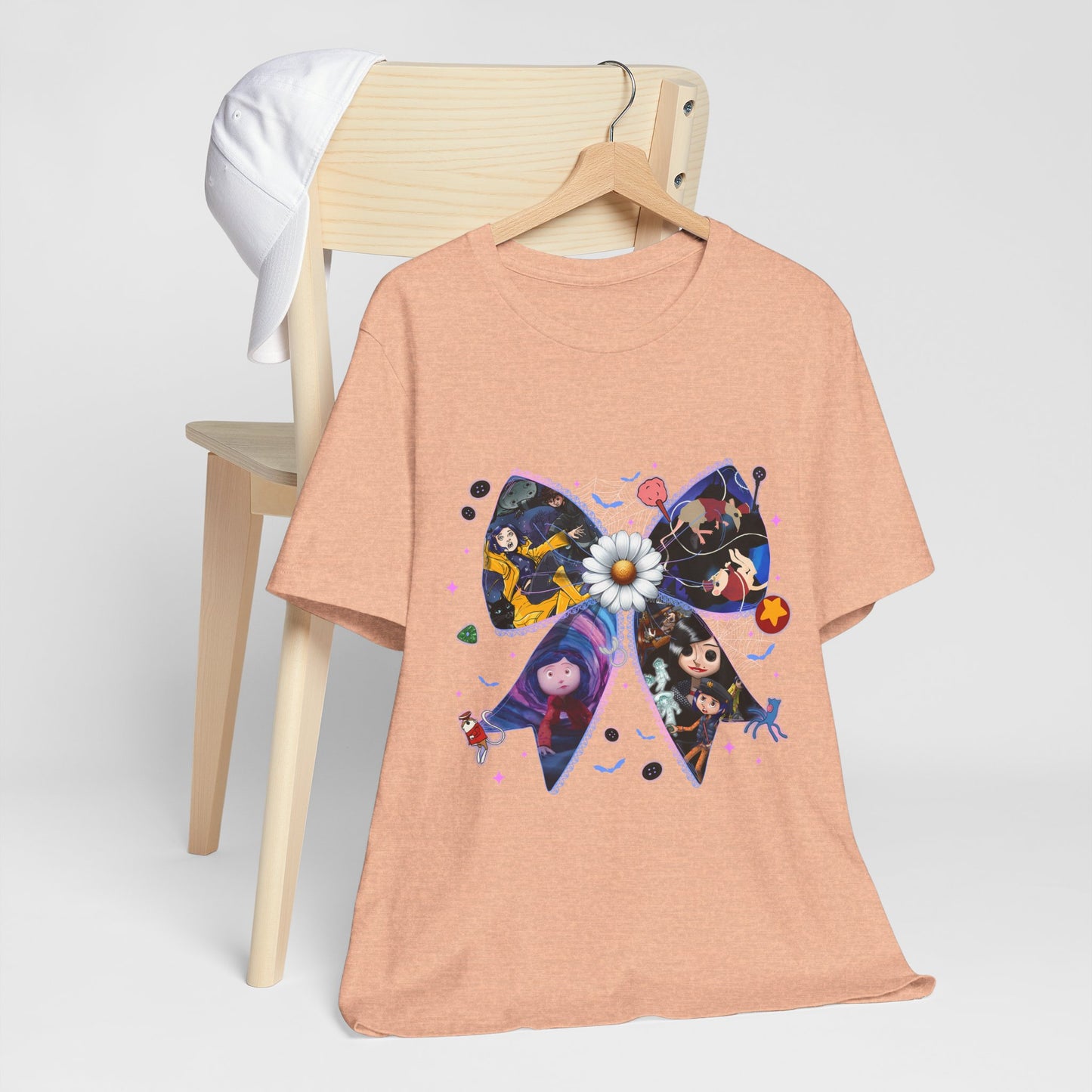 Coraline-Inspired Character Collage Bow Tee | Floral Daisy Graphic Shirt