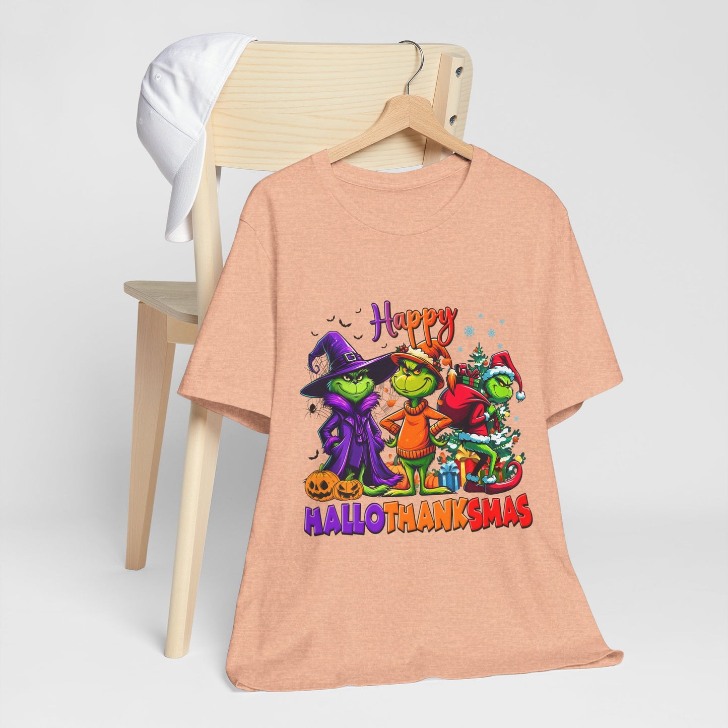 Happy HalloThanksmas Tee | Grinch-style Characters, Halloween Thanksgiving Christmas Mashup