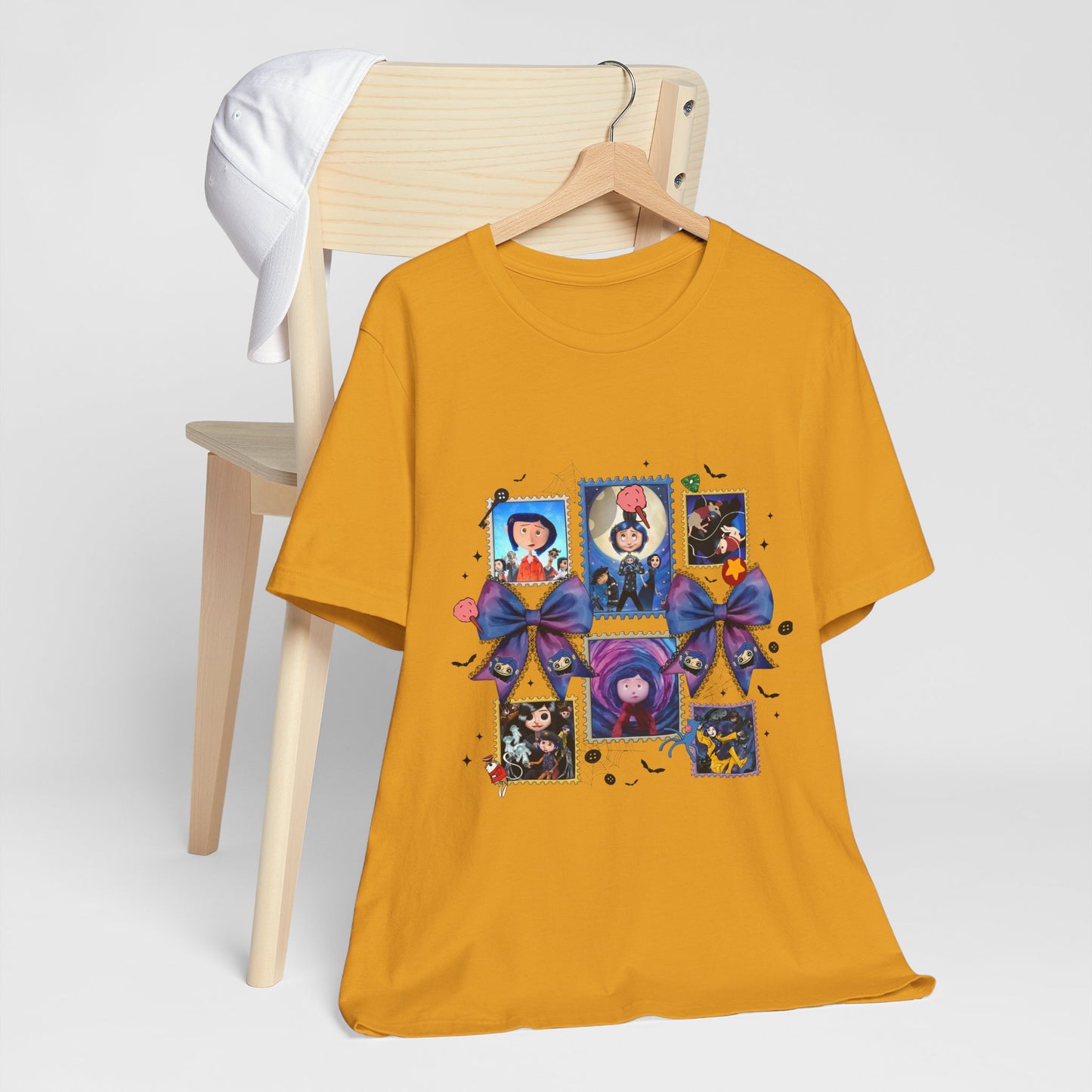 Coraline Halloween Blue Ribbon Button Witch Portraits T-Shirt | Cute Gothic Characters