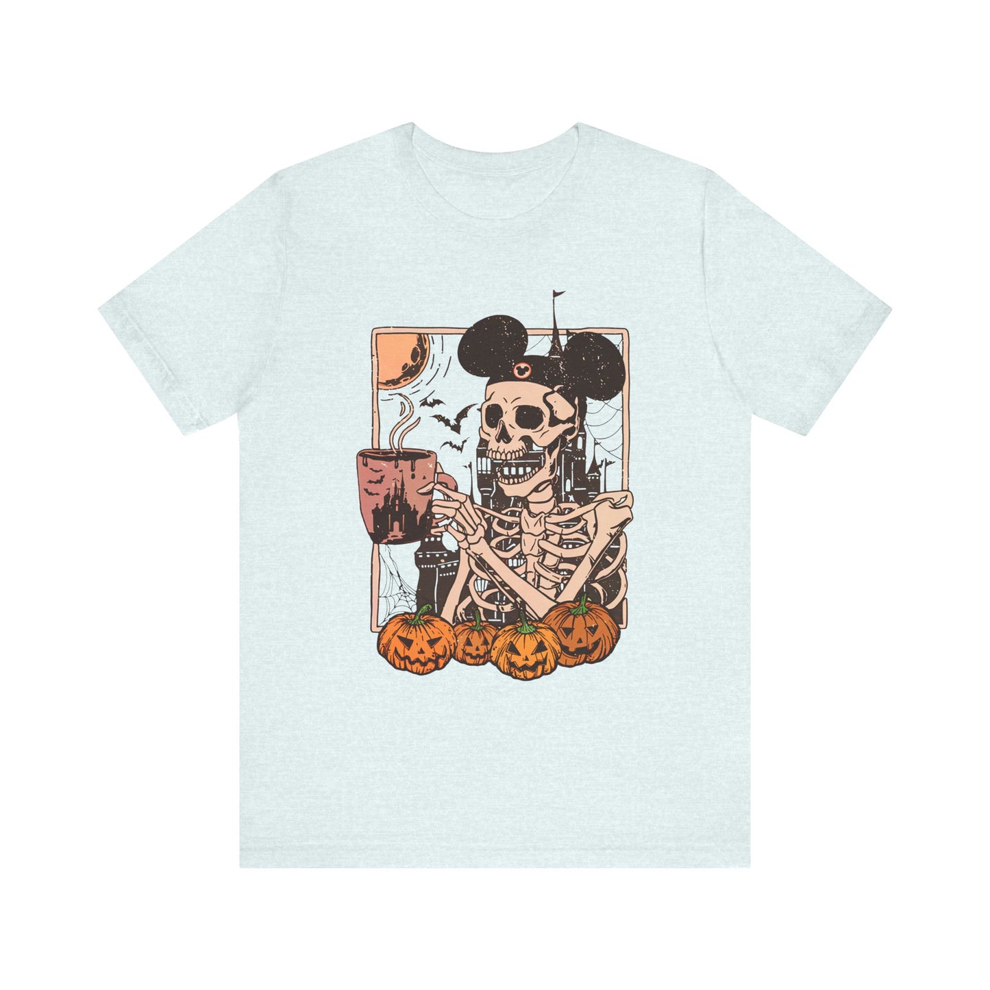 Skeleton in Mickey Ears Halloween Tee | Pumpkin Skull Graphic Shirt Fall Season Coffe