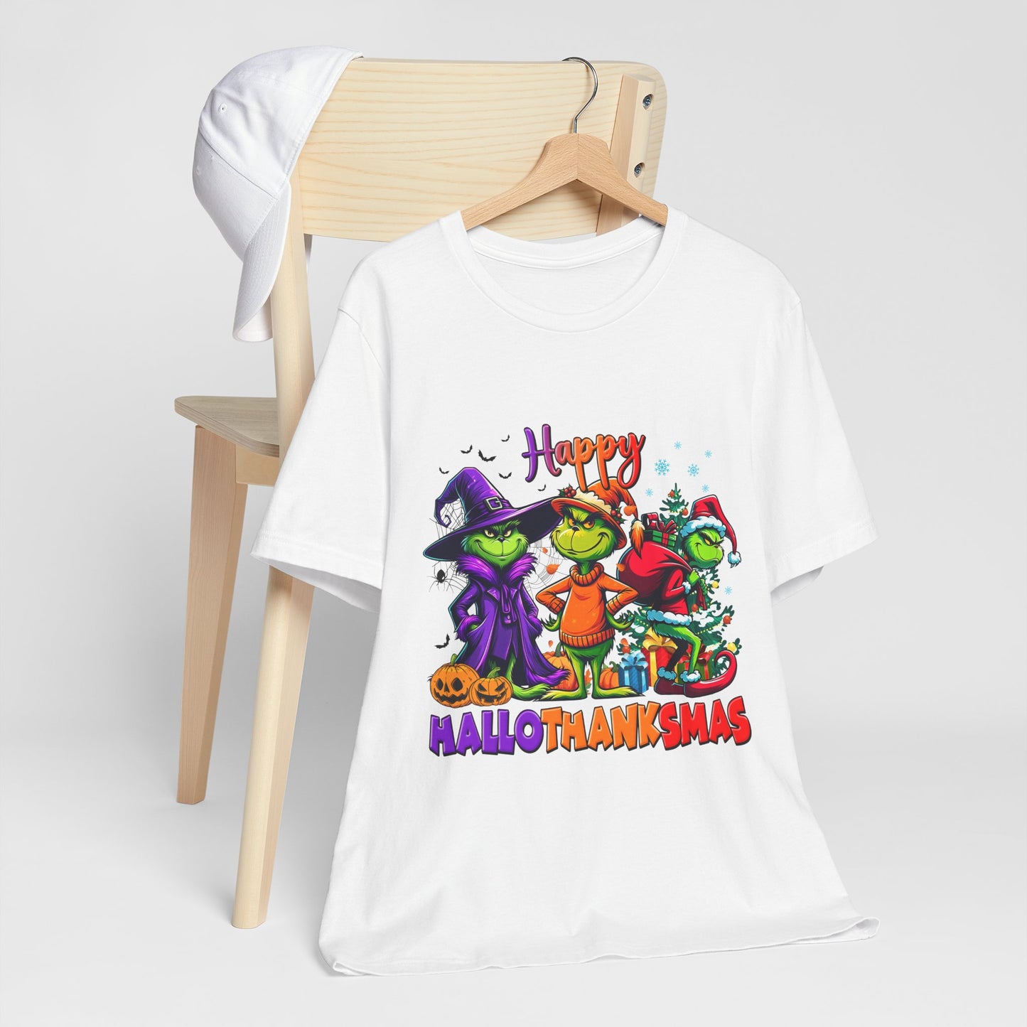 Happy HalloThanksmas Tee | Grinch-style Characters, Halloween Thanksgiving Christmas Mashup