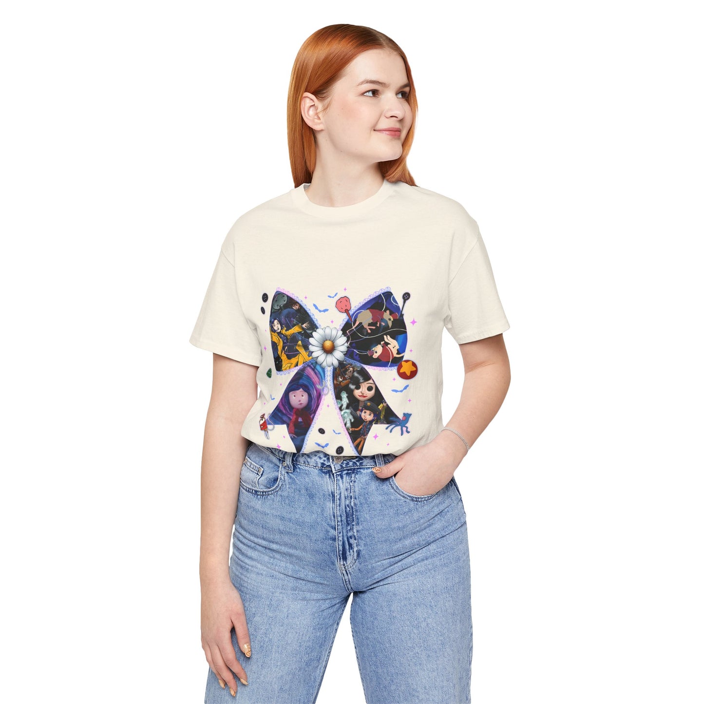 Coraline-Inspired Character Collage Bow Tee | Floral Daisy Graphic Shirt