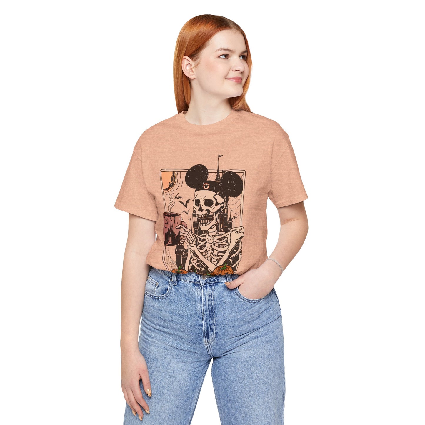 Skeleton in Mickey Ears Halloween Tee | Pumpkin Skull Graphic Shirt Fall Season Coffe