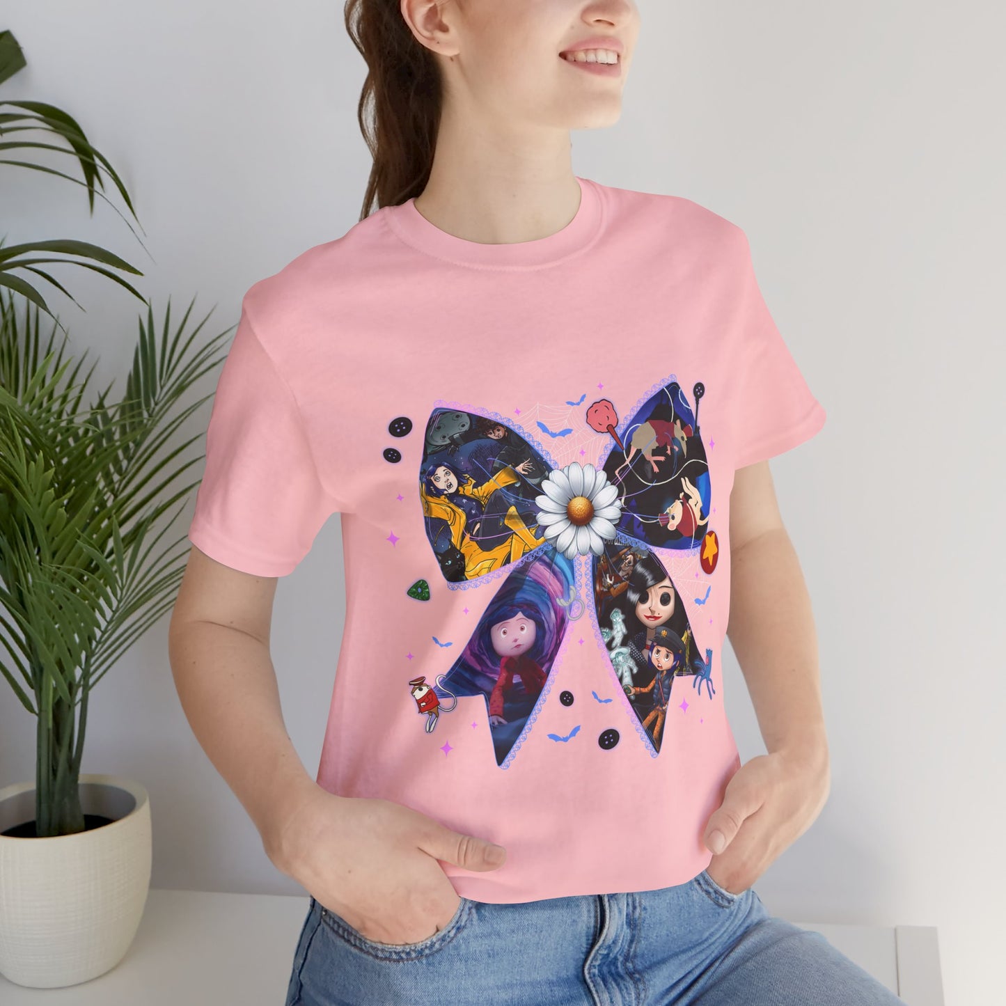 Coraline-Inspired Character Collage Bow Tee | Floral Daisy Graphic Shirt