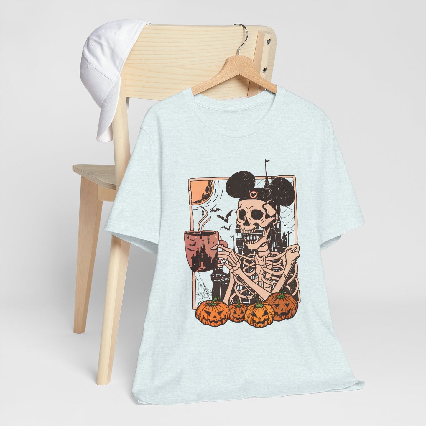 Skeleton in Mickey Ears Halloween Tee | Pumpkin Skull Graphic Shirt Fall Season Coffe