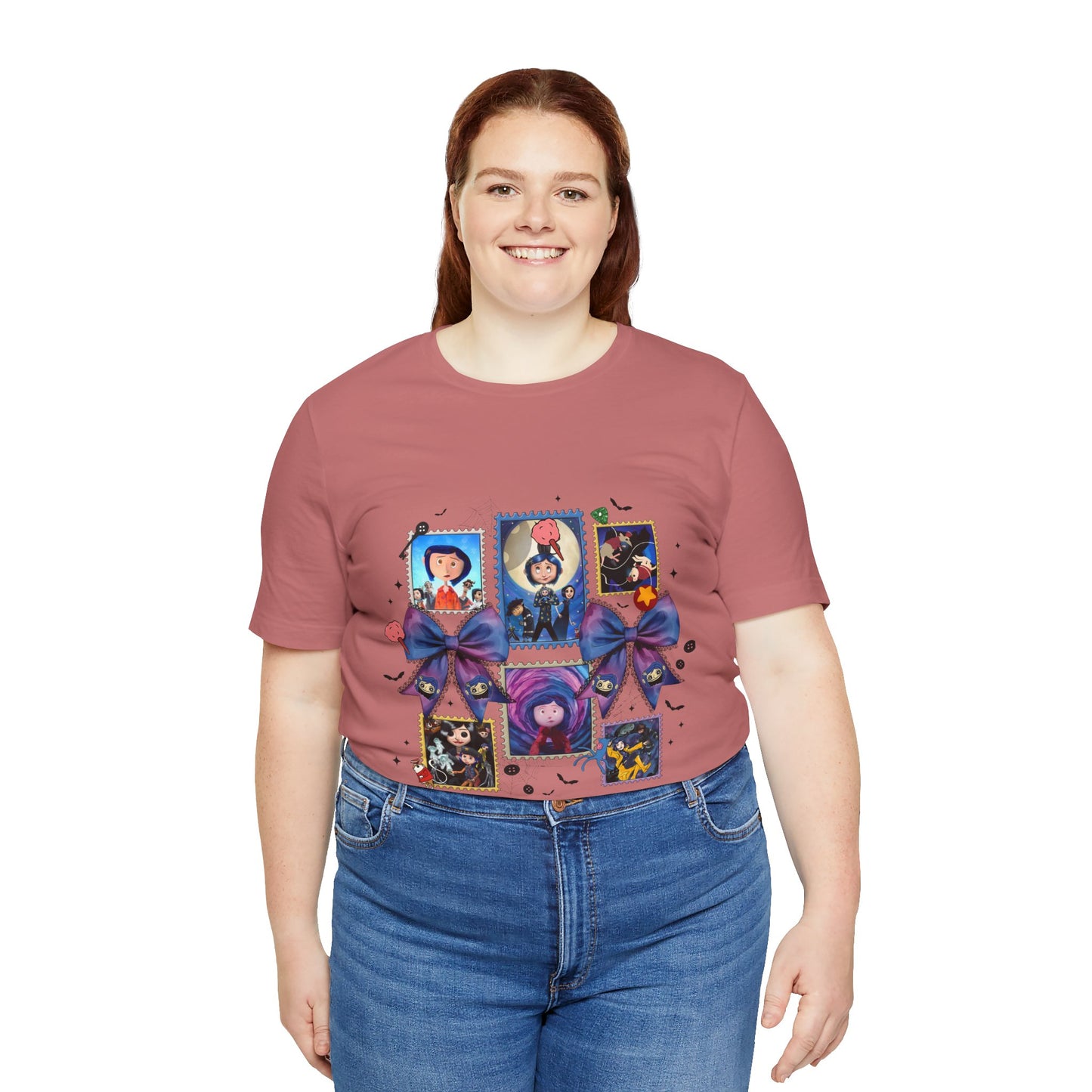 Coraline Halloween Blue Ribbon Button Witch Portraits T-Shirt | Cute Gothic Characters