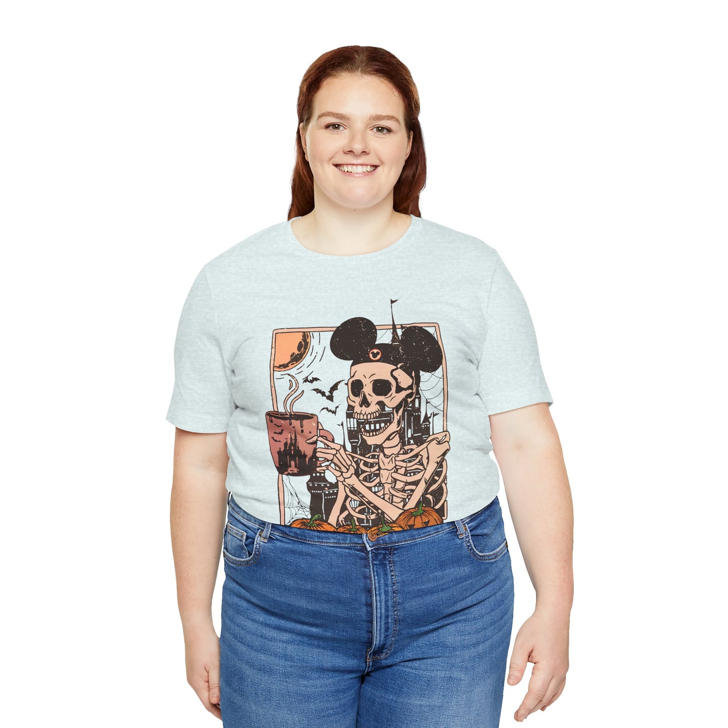 Skeleton in Mickey Ears Halloween Tee | Pumpkin Skull Graphic Shirt Fall Season Coffe