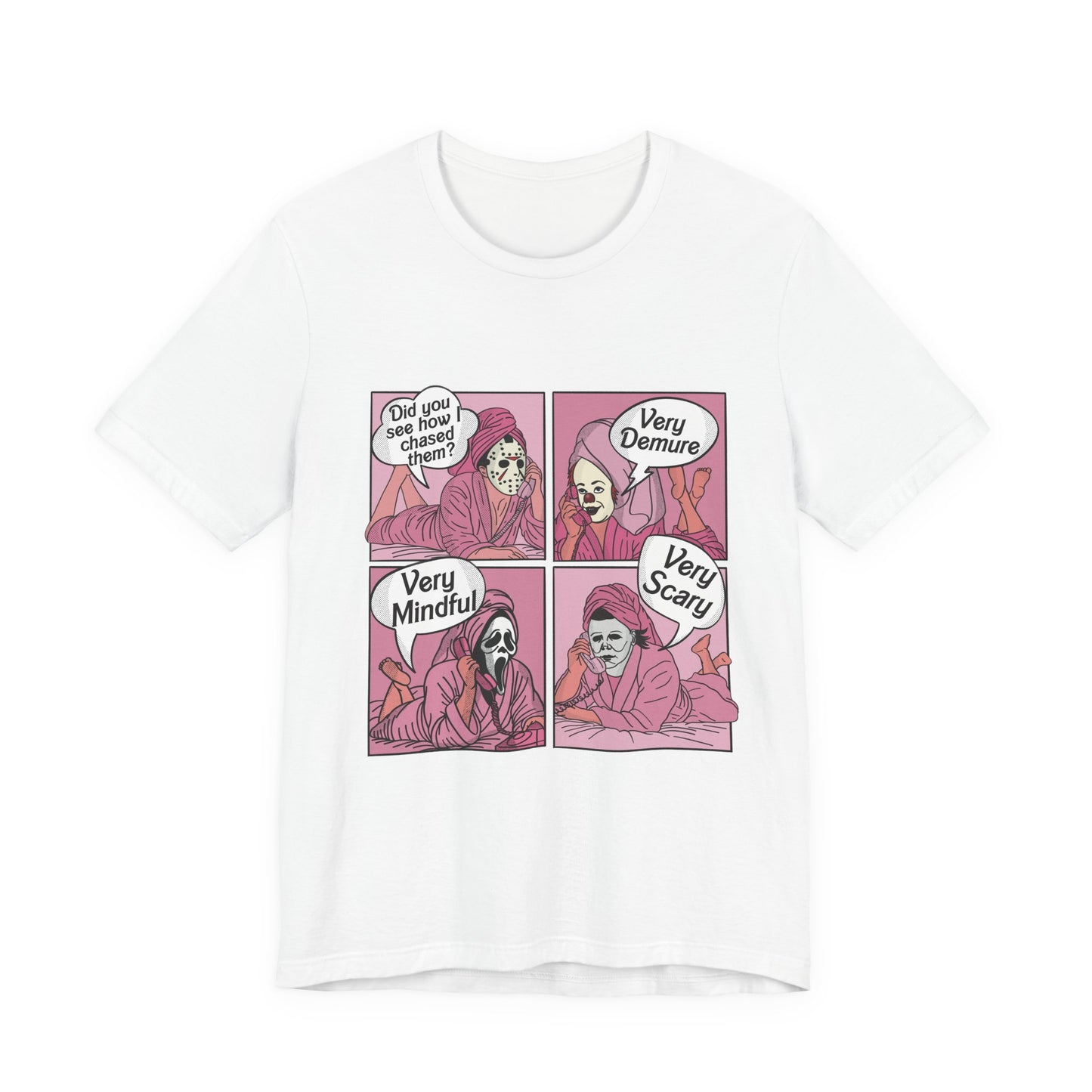 Very Demure Comic Panel Tee Skeleton Woman Illustration T-Shirt | Halloween Gothic Pink Comic Scary Halloween Clown