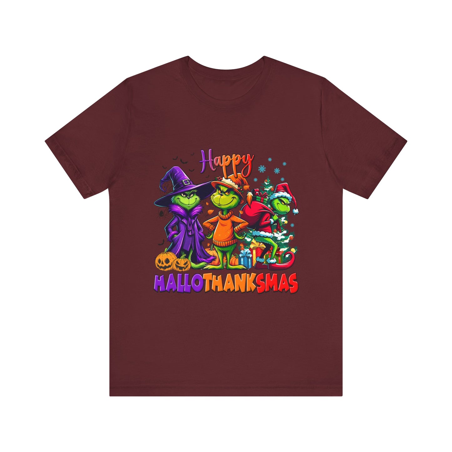 Happy HalloThanksmas Tee | Grinch-style Characters, Halloween Thanksgiving Christmas Mashup