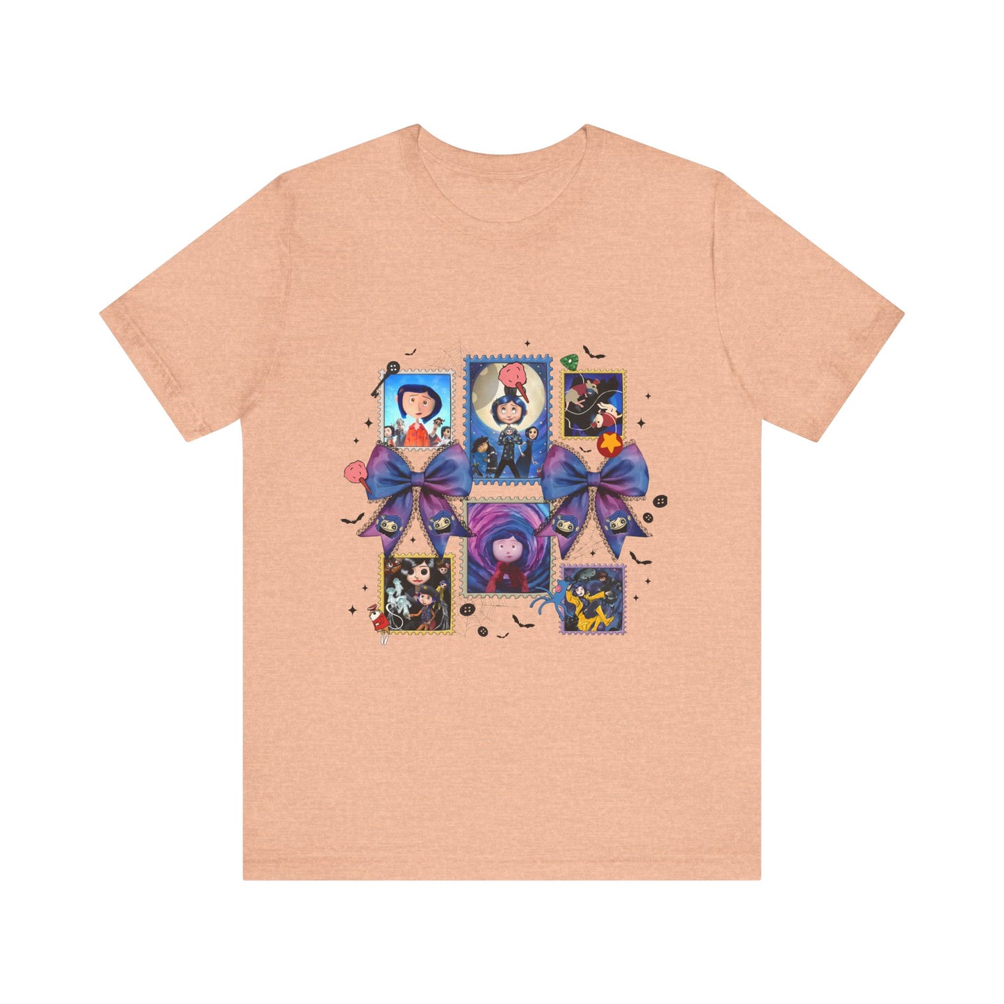 Coraline Halloween Blue Ribbon Button Witch Portraits T-Shirt | Cute Gothic Characters