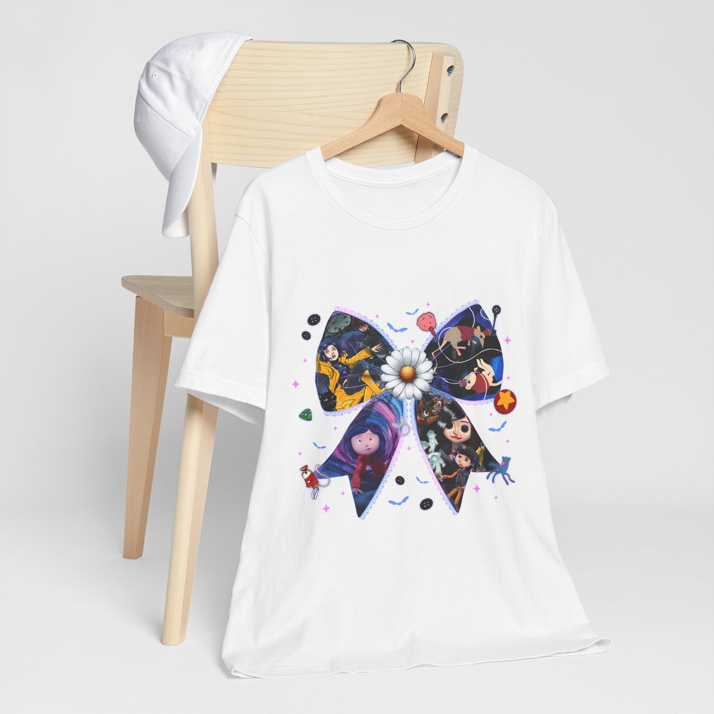 Coraline-Inspired Character Collage Bow Tee | Floral Daisy Graphic Shirt