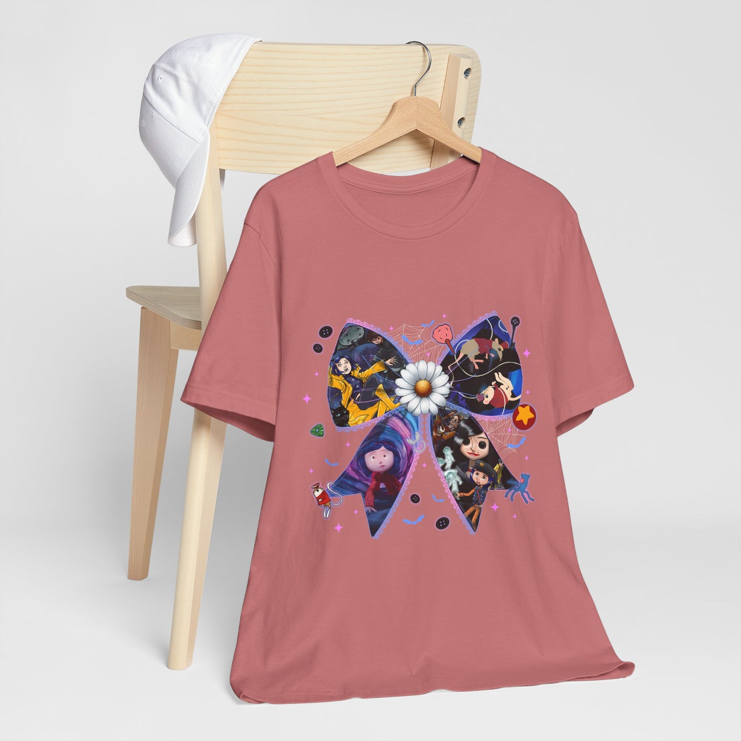 Coraline-Inspired Character Collage Bow Tee | Floral Daisy Graphic Shirt